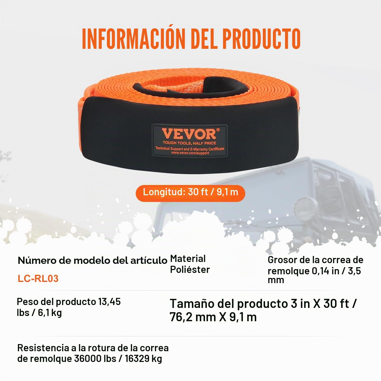 VEVOR - Kit de recuperación de Correa de Remolque (poliéster, 76,2 mm x 9,1 m, Cuerda de cabrestante, 16329 kg, Hebilla Triple Reforzada, Correa de Arranque, Receptor de Enganche de grillete de 50 mm