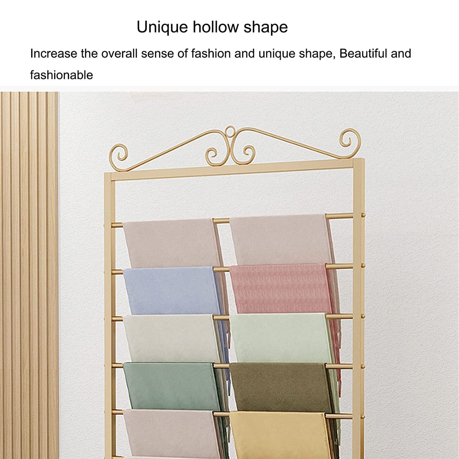 Organizador de bufandas reversible de pie, colgador de metal que ahorra espacio para chales, cinturones, pantalones, barra de armario multifuncional