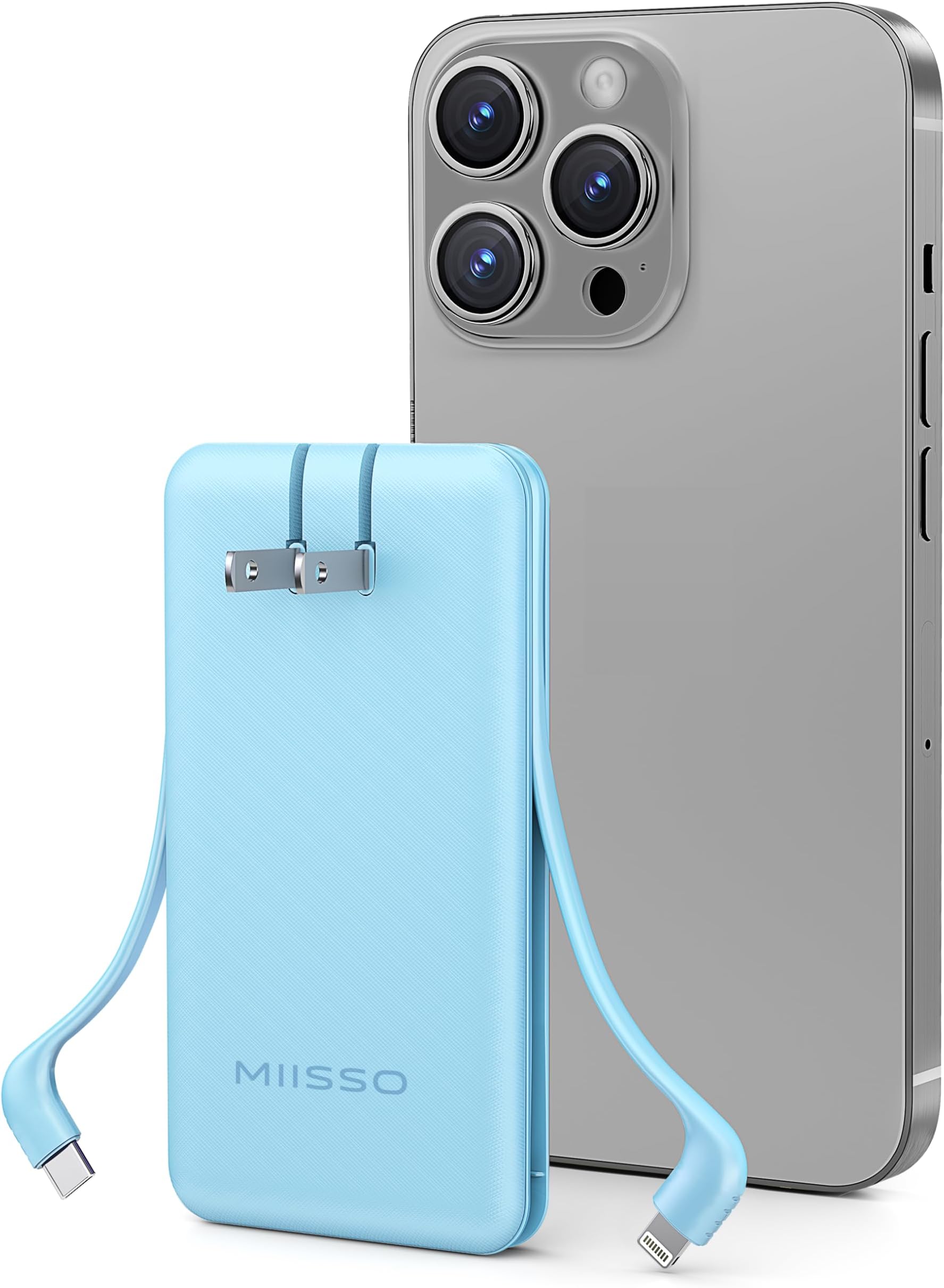miisso Ultra Slim 10000mAh Power Bank Built-in Cables and Foldable AC Wall Plug, Pocket Size USB C Portable Charger, External Battery Pack Compatible with iPhone Samsung, Blue