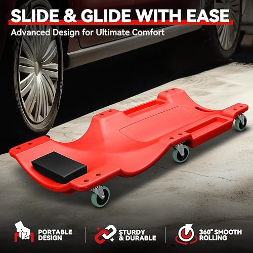 Miniatura 3 de Auto Dynasty Enredadera mecánica de 40 pulgadas, reparación de garaje automotriz de perfil bajo bajo con reposacabezas acolchado, plástico, rojo