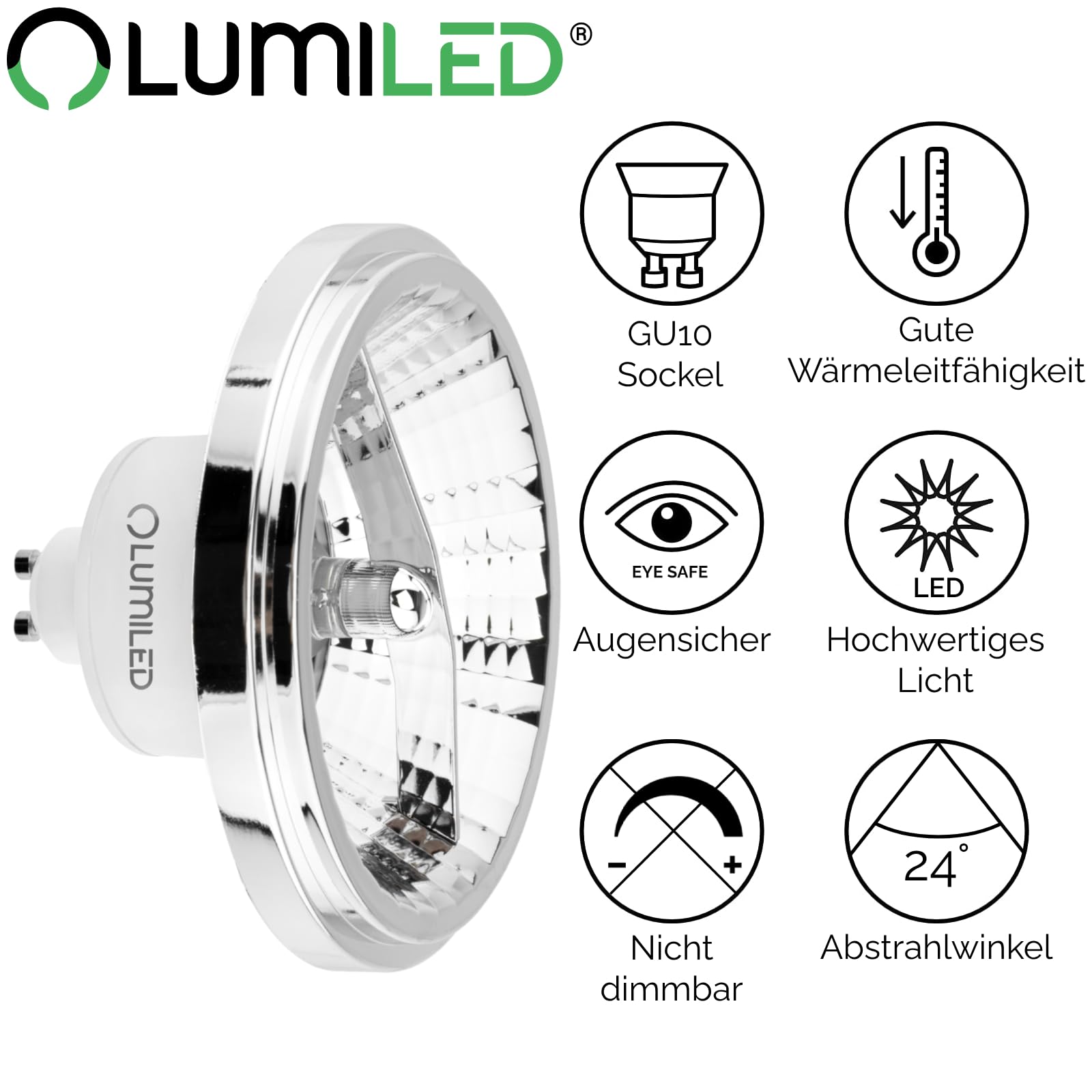 Lumiled LED-Leuchtmittel 10er Set ES111 GU10 Fassung Spannung 230V 15W (Entspricht 100 Watt) Warmweiß 3000K 24 Grad Abstrahlwinkel Silber 1521 Lumen Ra>80 Aluminium PC