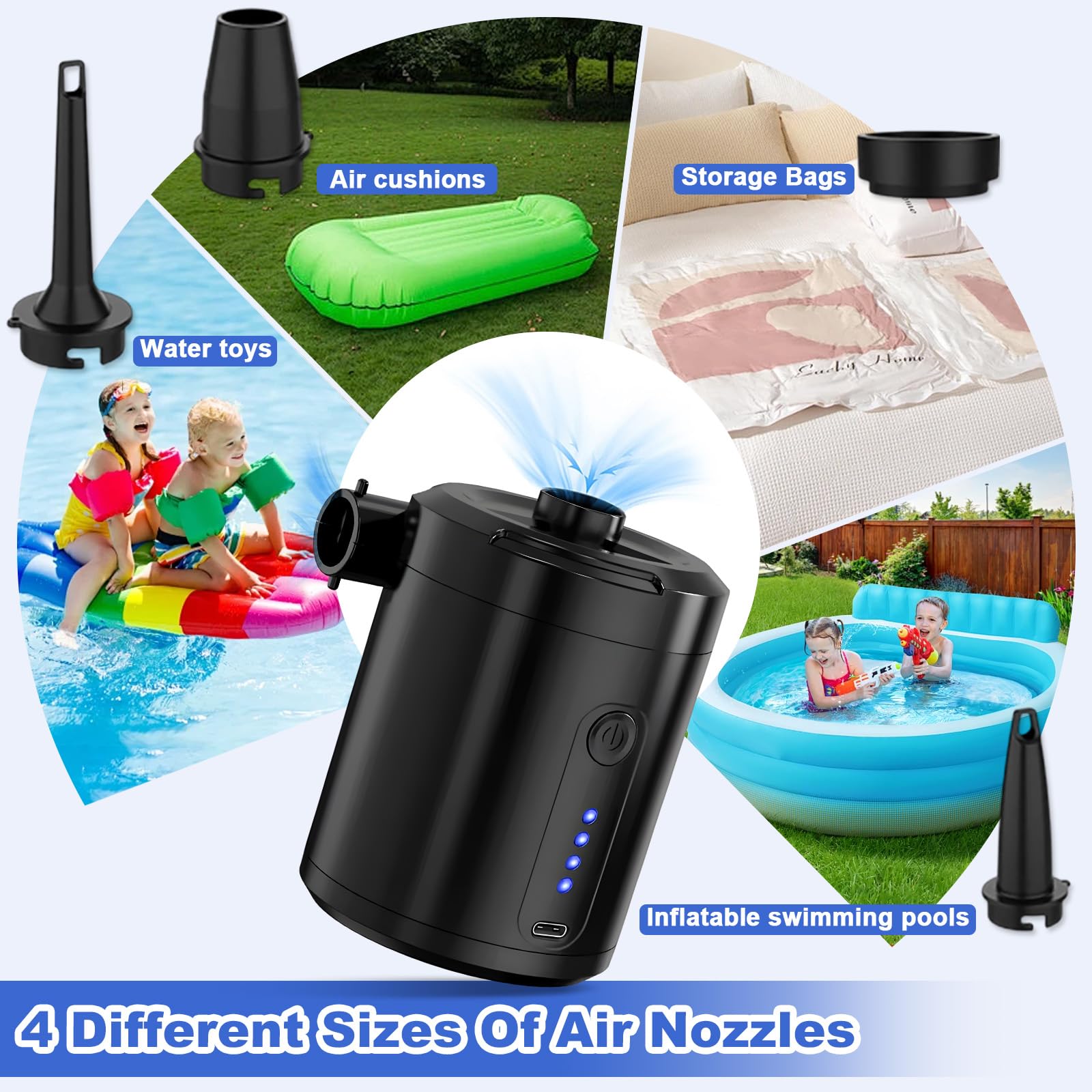 Pompa Elettrica Portatile per Materasso Gonfiabile con 4 Ugelli, Gonfiatore Elettrico 5200mAh per Gonfiare Sgonfiare, Pompa Aria Riempimento Essere Rapido per Materassino Campeggio, Piscina Gonfiaggio