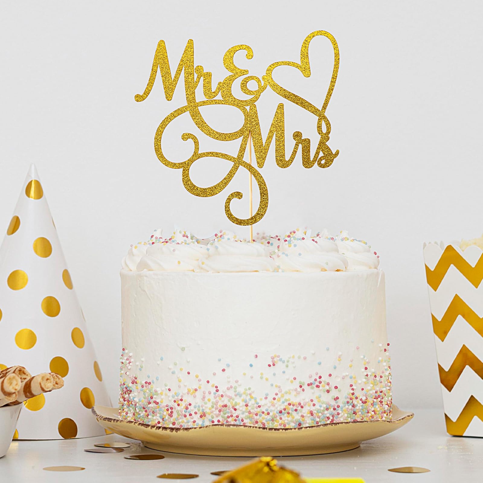 Mr & Mrs Kuchenaufsatz – Gold Glitter Hochzeits-Deko Für Torte & Cupcakes – 16 X 20 Cm