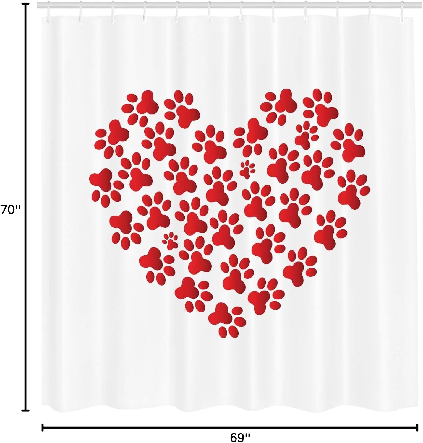 Ambesonne Cat Shower Curtain, Heart Shape with Cat and Dog Paw Print Funny Fashion Modern Romantic Design Print, Cloth Fabric Bathroom Decor Set with Hooks, 69" W x 70" L, Scarlet White