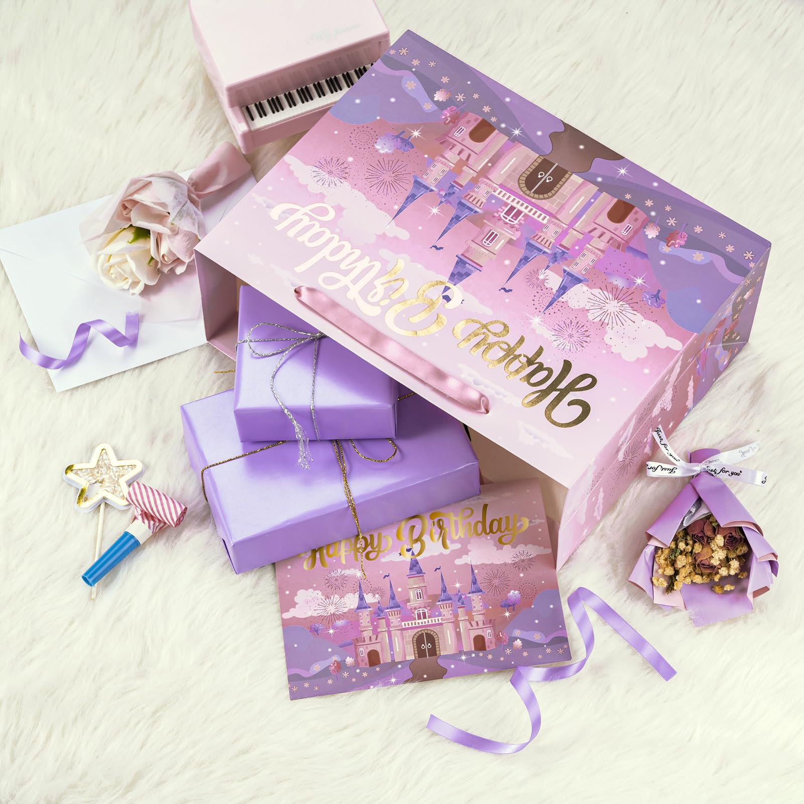 WRAPAHOLIC 13" Princess Birthday Gift Bags with Tissue Paper and Card - Purple Castle Bags for Kids Girls Birthday Party Baby Shower Supplies