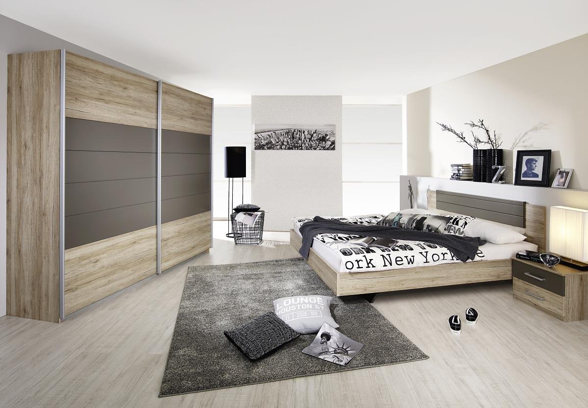 Rauch Möbel Barcelona Schlafzimmer, Eiche Sanremo hell/Lavagrau, bestehend aus Bett mit Liegefläche 180x200 cm inklusive 2 Nachttische und Schwebetürenschrank BxHxT 226x210x62 cm