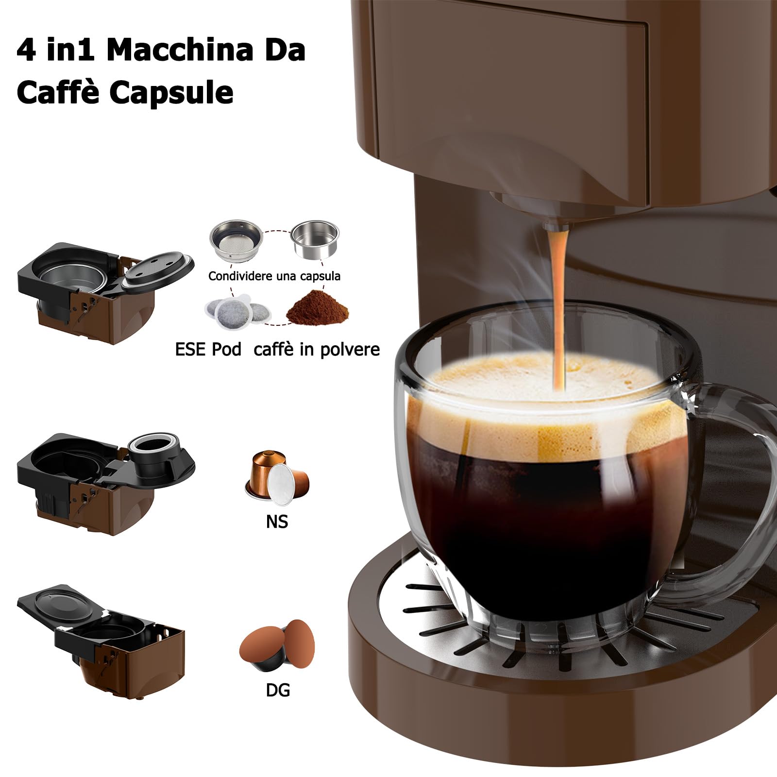KOTLIE Macchina Da Caffè Capsule 4 in1,Per NES/DG/Caffè Macinato/ESE PadS(44mm),19Bar,800ML(AC-513K)