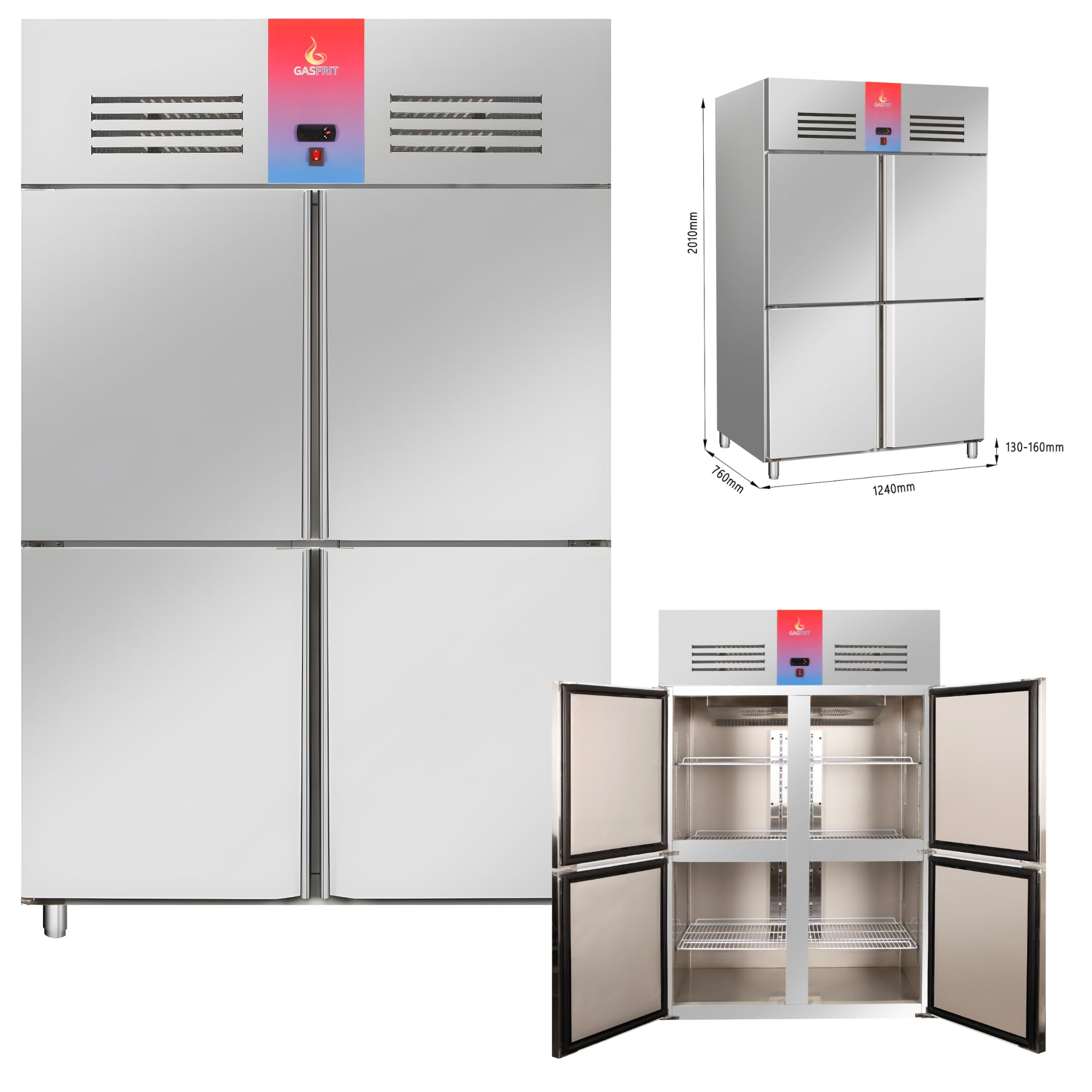 Armario Frigorífico Industrial 2 Puertas y 4 Puertas Acero Inoxidable, 1300L, Refrigeración Ventilada No Frost, +2/+8°C, Tropicalizado Clase C, Frigorífico Profesional Hostelería