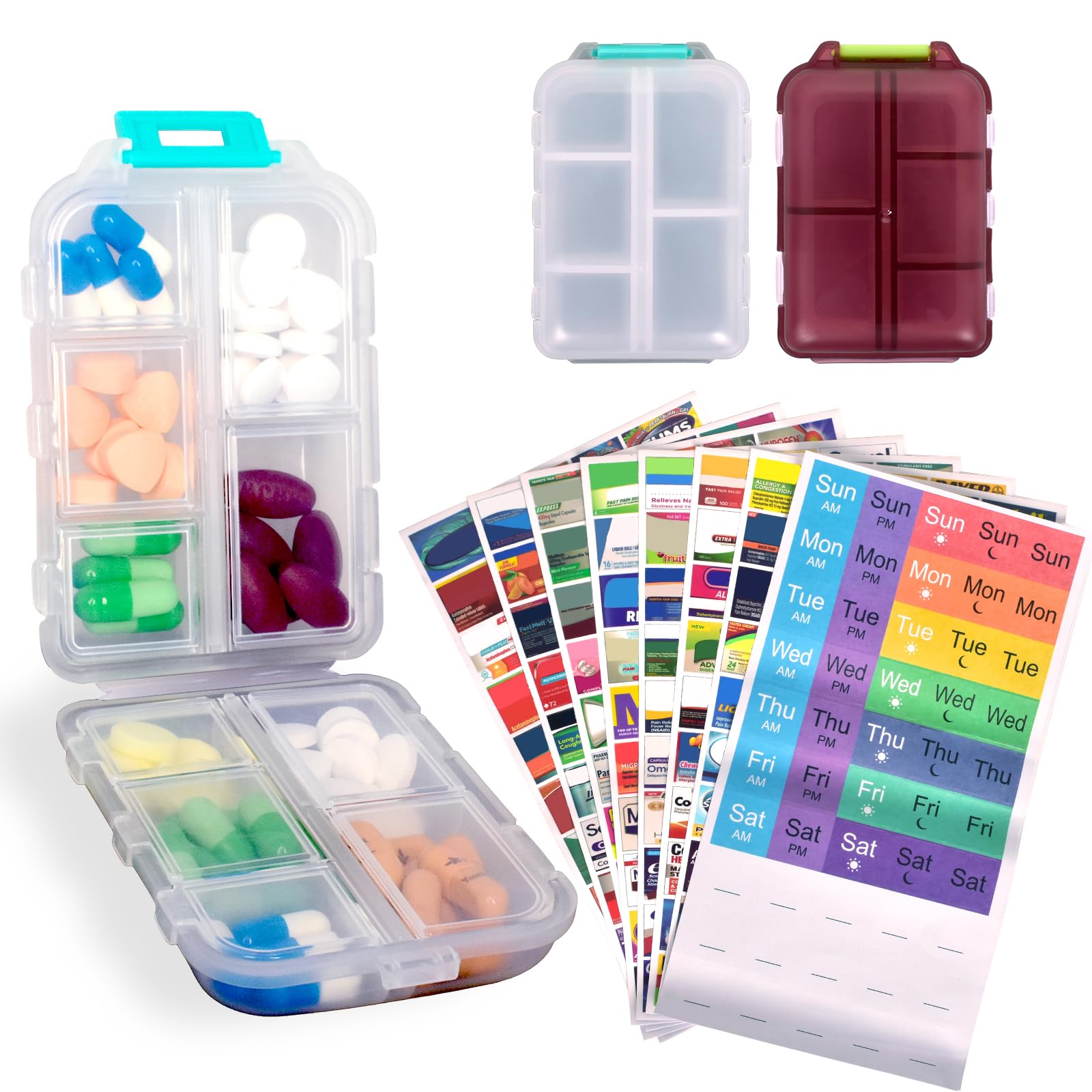 2 Pcs Travel Pill Organizer with Labels, Portable Travel Medicine Daily Pill Container Organizer 7 Day Pill Case Storage Vitamin Fish Oil (White &amp; Red, 320 Medicine Lables)
