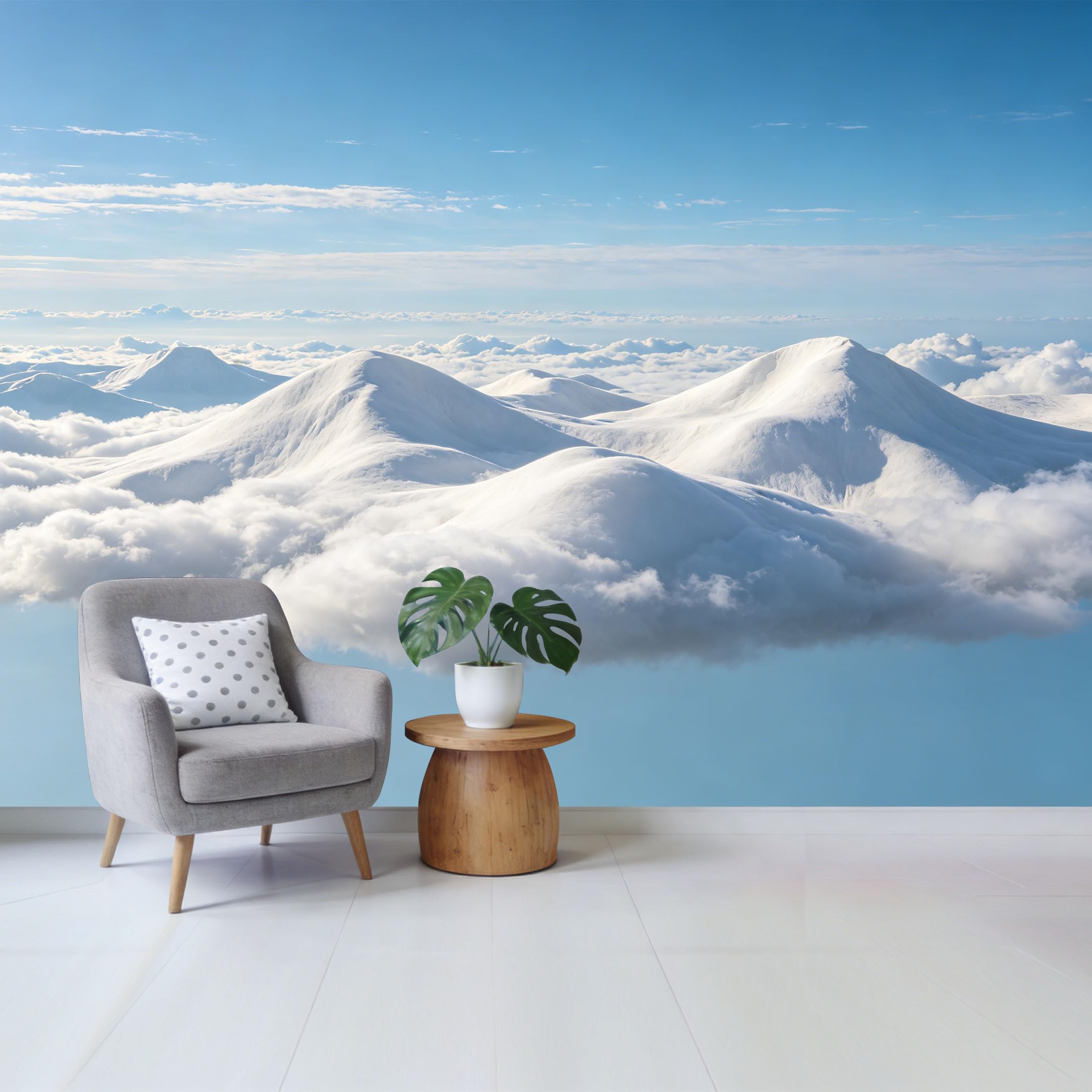 Custom Size Wall Mural Snowy Mountain Peaks Above Sea of Clouds Landscape Removable Self Adhesive Fabric，Home Wall Decor for Living Room Bedroom Bathroom