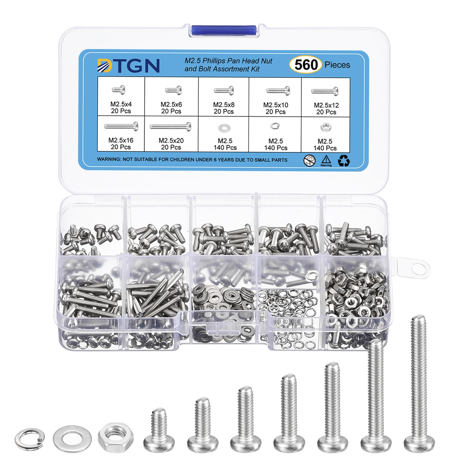 DTGN 560Pcs Machine Screws Assortment Kit, M2.5 Phillips Pan Head Nut and Bolt Assortment Kit