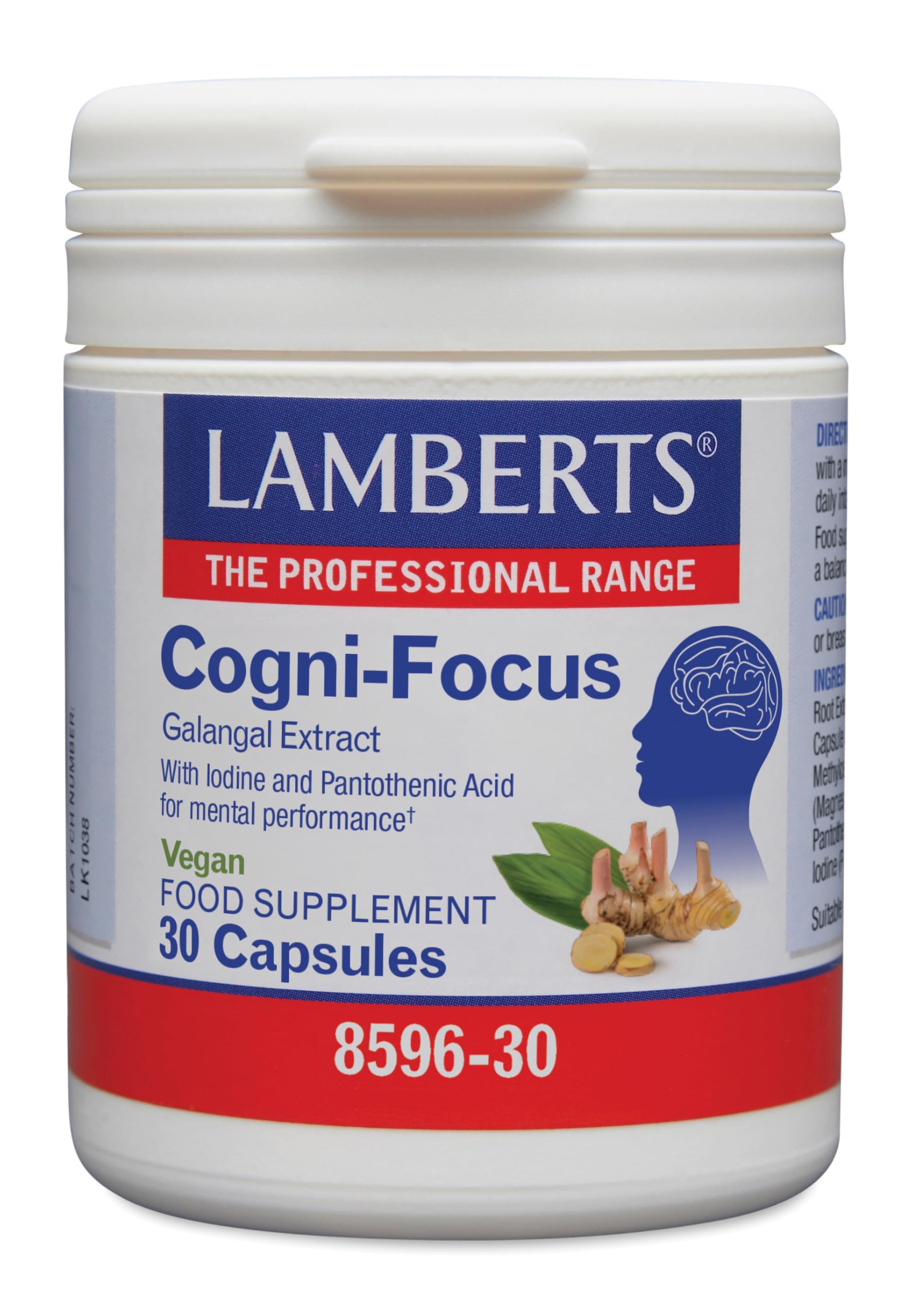 Lamberts Cogni-​Focus | 30 Cápsulas | Apto para Veganos | Extracto de Galangal 3000 mg | Con Yodo y Ácido Pantoténico | Enfoque Mental sin Cafeína | Complemento Cognitivo | Calidad Farmacéutica GMP
