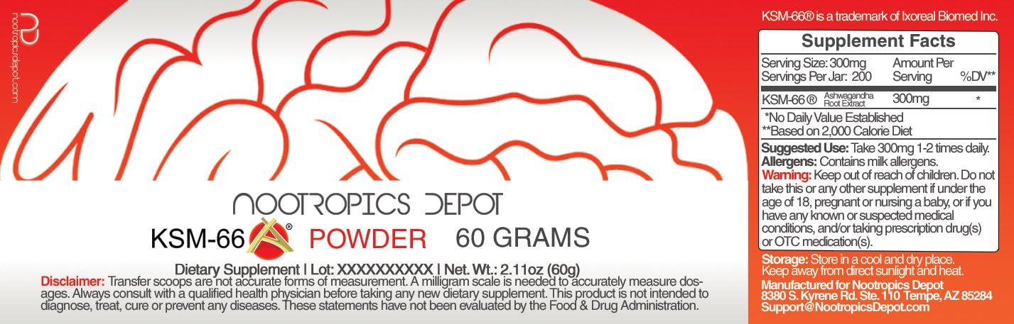 Nootropics Depot KSM-66 Ashwagandha Powder | 60 Grams | Withania somnifera Extract | Ayurvedic Herb | Adaptogen Supplement | Supports Stress + Promote Relaxation | Increase Energy, Memory + Focus