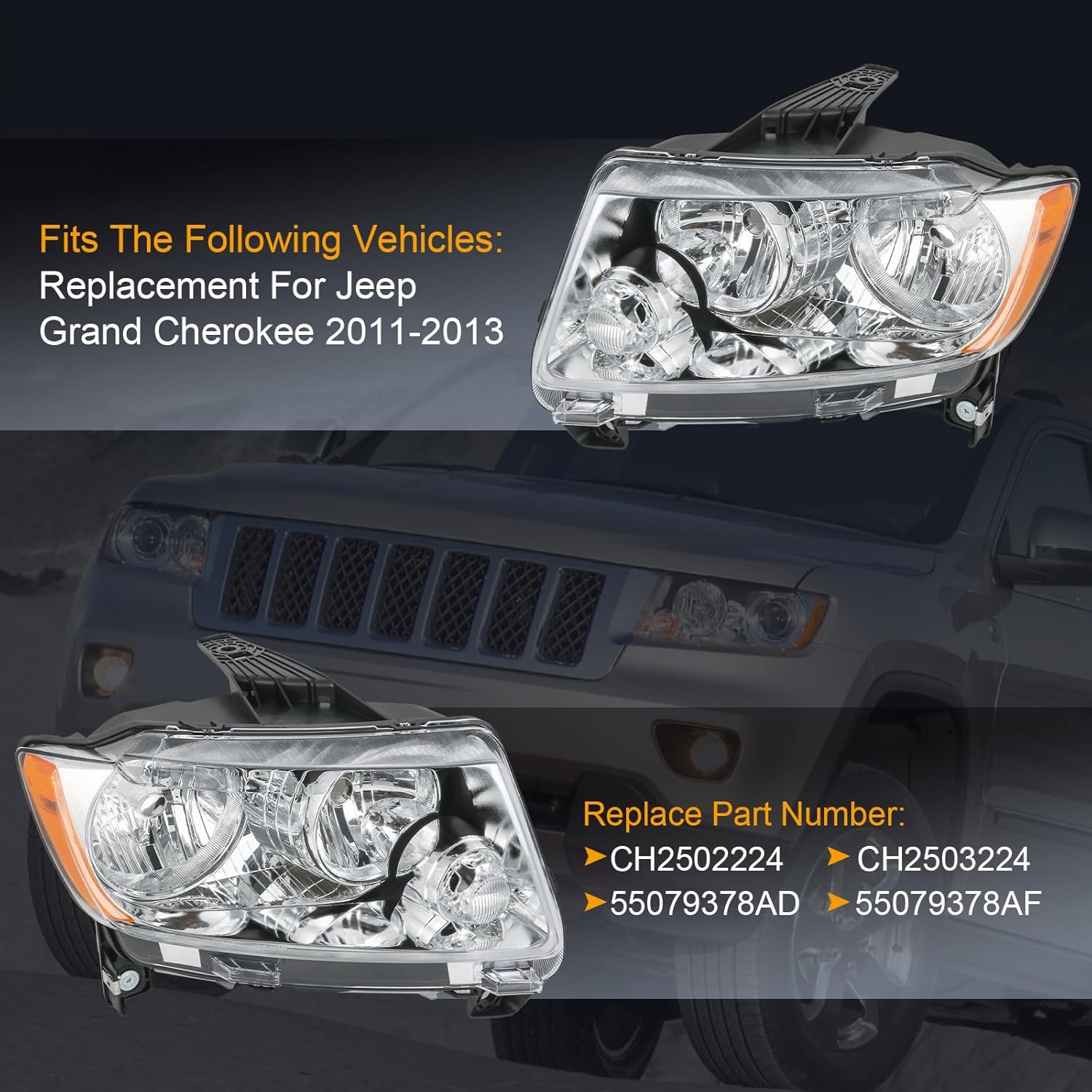 Headlights Assembly Replacement For Jeep Grand Cherokee 2011 2012 2013, Chrome With Amber Reflector Chrome 2011-2013