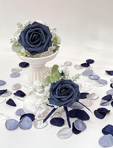 Miniatura 3 de CherishedMoments Juego de ramillete y boutonniere, rosa azul oscuro, hecho a mano, ramillete de muñeca y boutonniere de novio para boda junto al
