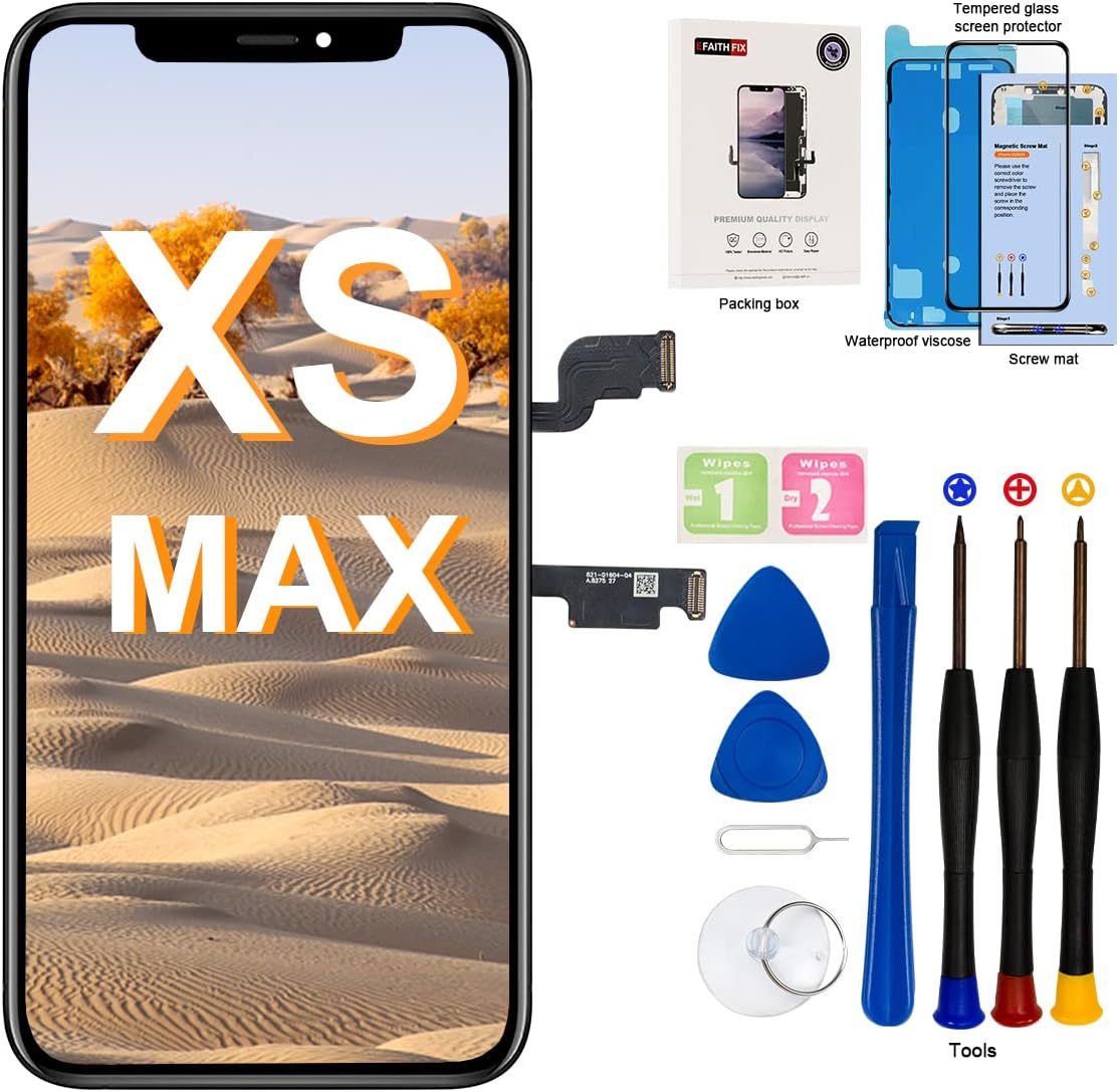 EFAITHFIX for iPhone Xs MAX LCD Screen Replacement 6.5 Inch Assembly Display 3D Touch Screen Digitizer with Repair Tools Kit Tempered Glass Waterproof Adhesive for A1921, A2101, A2102, A2103, A2104