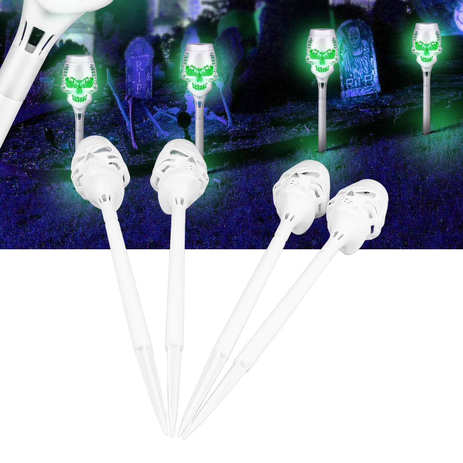 Tyenaza 4 Stück Solarleuchten Für Den Außenbereich, Solar-Fackel, Totenkopf, Hellgrün, Flackernde Flamme, IP65, Wasserdicht, Solar-Wegebeleuchtung, Für Den Außenbereich, Halloween-Dekorationen
