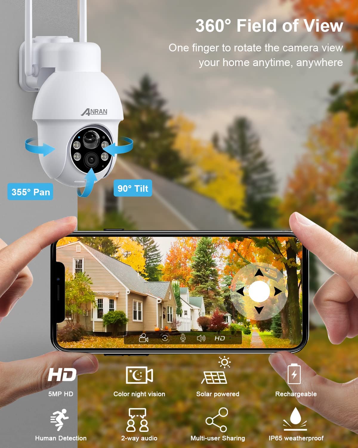 ANRAN 5MP Security Camera Outdoor Wireless with 360° View, Solar