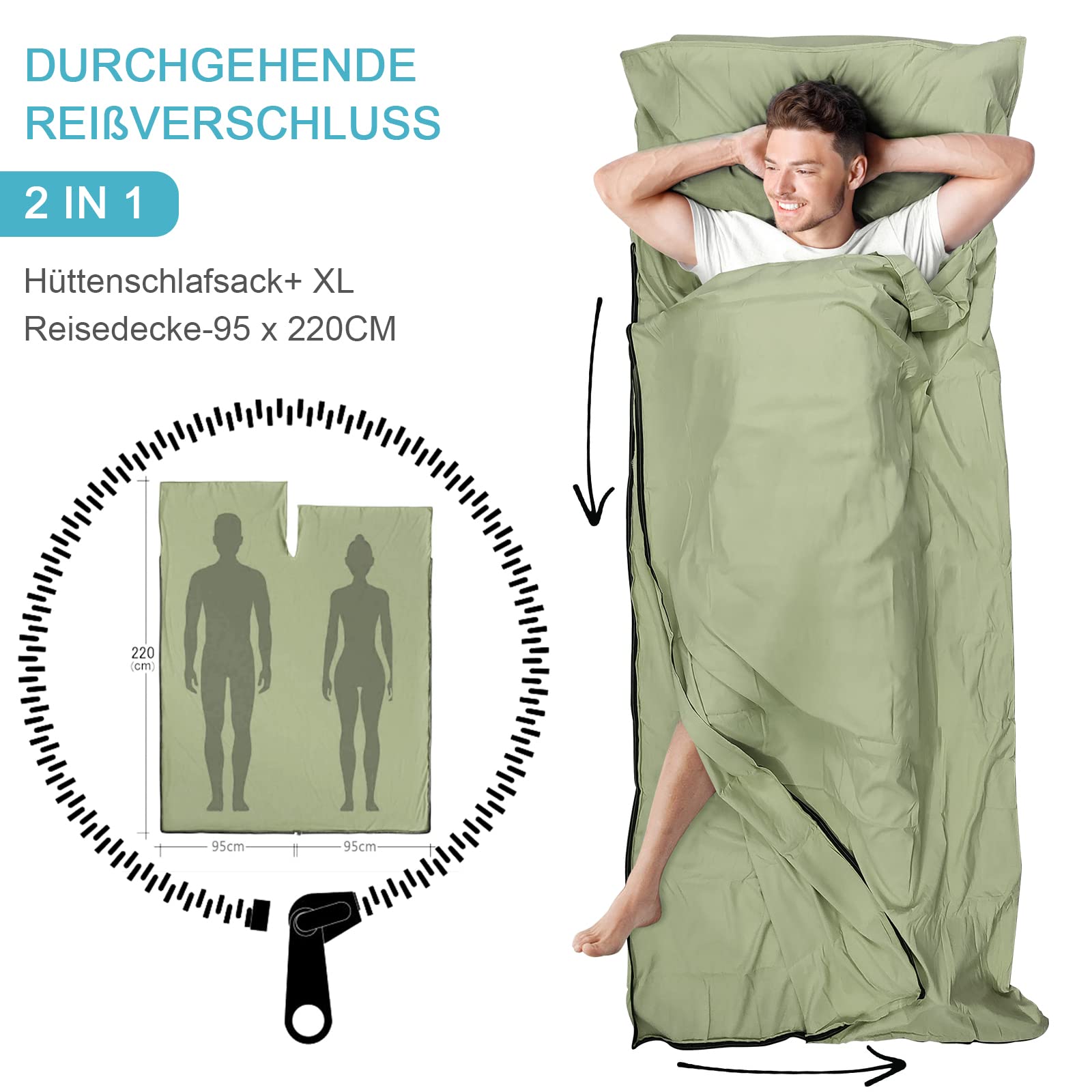 LSTRAGY Sleeping Bag Liner, Adult Sleep Sack & Travel Sheets, Lightweight Single and Portable Camping Sleeping Bag Liners - Ideal for Traveling, Hostels and Camping(Green)