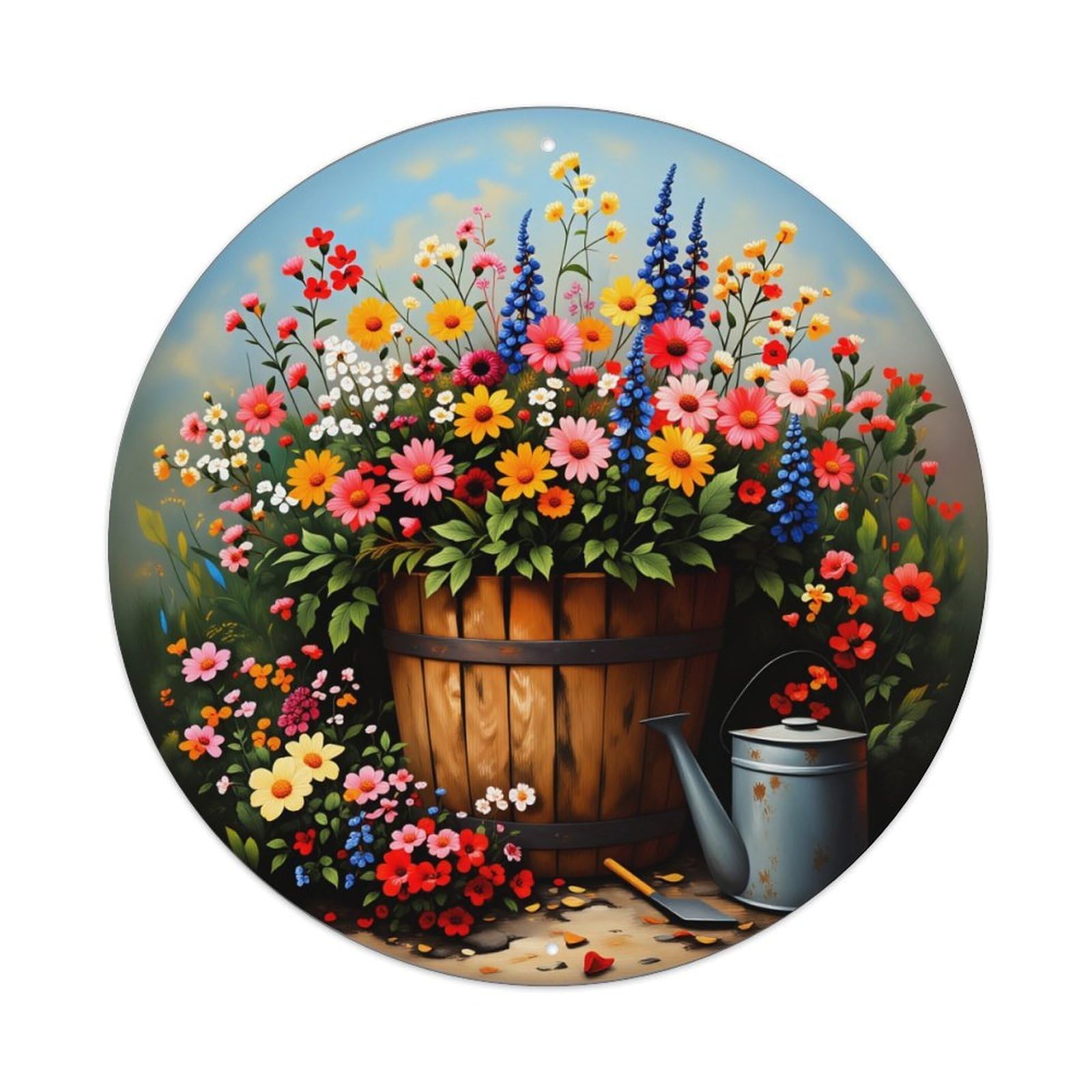 Floral Arrangement In Wooden Barrel With Watering Can Round Vintage Tin Sign,Retro Wall Art,Metal Poster for Home, Bar, Garage, Cafe, Rustic Indoor & Outdoor Decor, 8x8 Inches