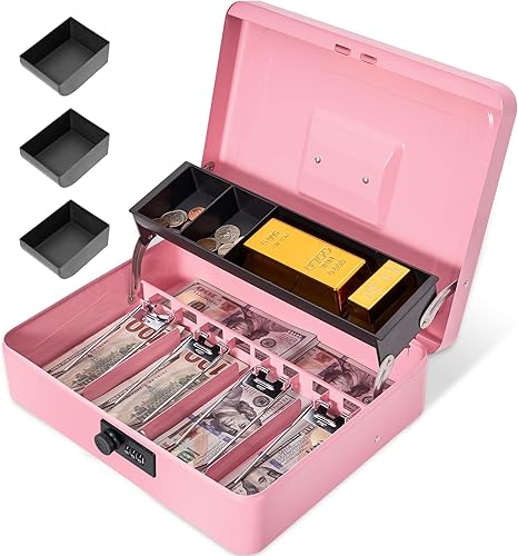 Caja de efectivo con cerradura de combinación, caja de dinero de metal con bandeja para efectivo, caja fuerte con cerradura, 4 ranuras para