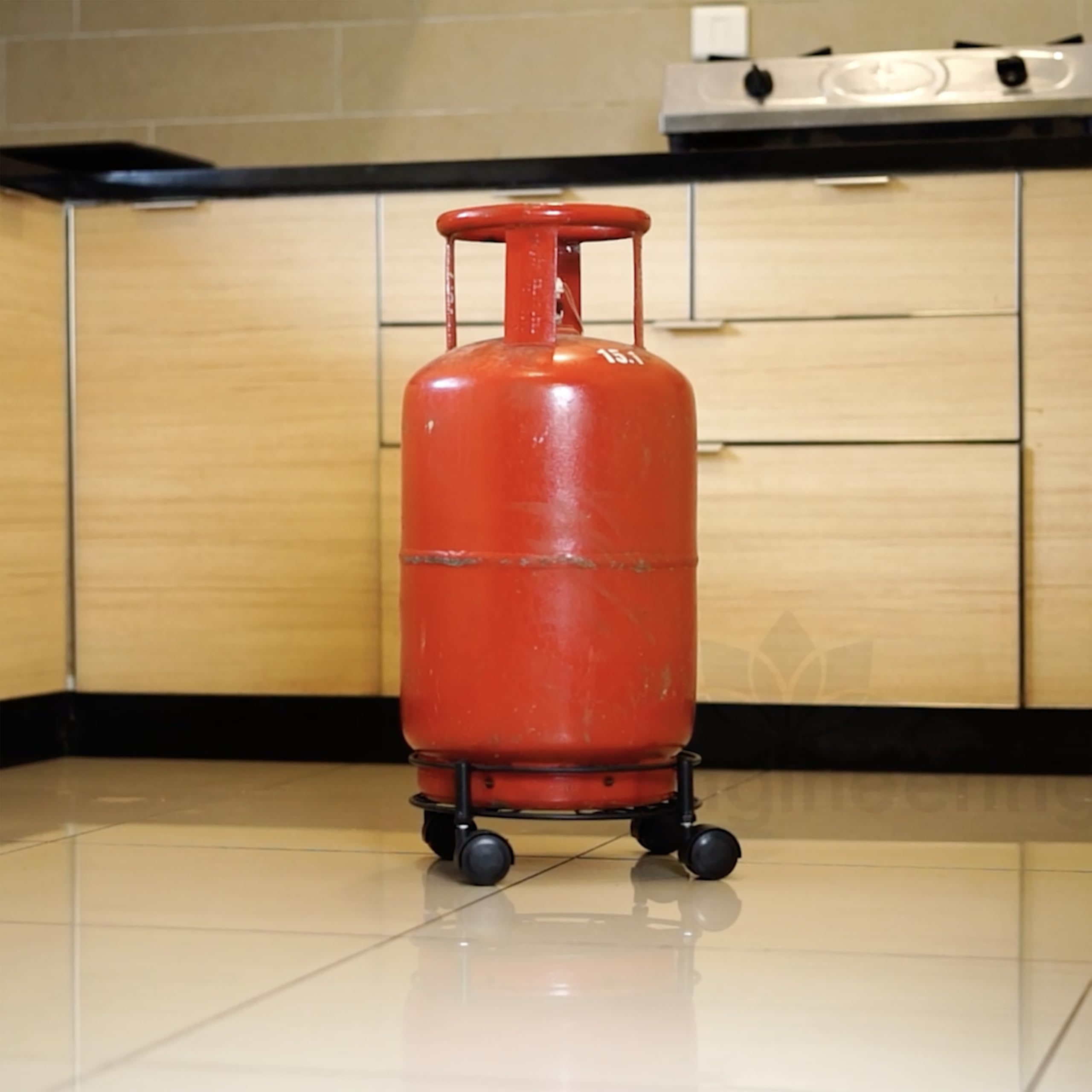 D&V Engineering Metal Heavy Duty Easy Movable LPG Cylinder Trolley, Gas Cylinder Stand with Wheels - Black (Round)