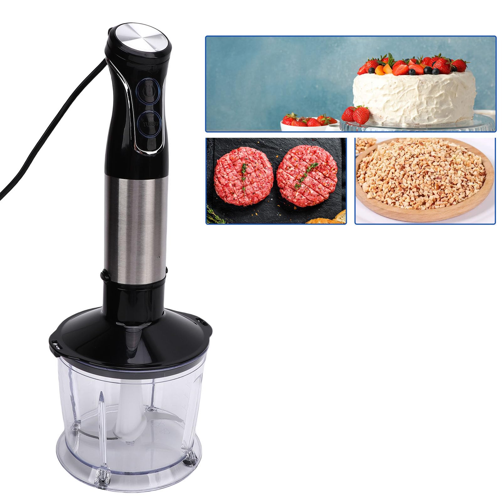 TARSHYRY Batidora de Mano 3 en 1, Batidora de Inmersión de Acero Inoxidable con Vaso de 800 Ml y Recipiente Picador de 600 Ml, Motor de Velocidad Variable para (Enchufe europeo de 220-240 V, 1500 W)