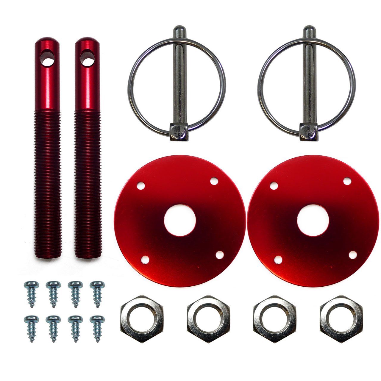 Aluminum Universal Hood pin set kit Chrome Hardware Flip Over Chevy Ford Mopar GM Hot Rod Street Rod Drag racing Race Muscle Car 1/2" (Red)