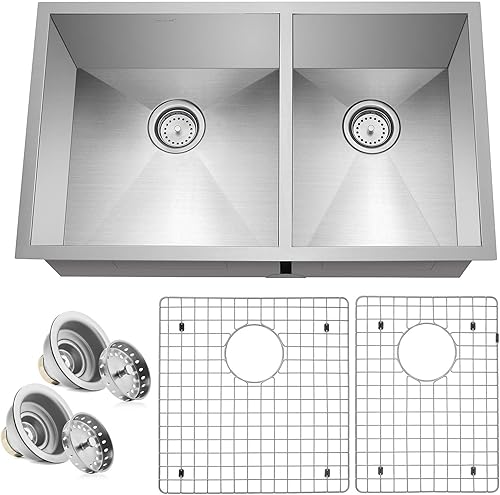 Miligoré Fregadero de cocina de acero inoxidable de calibre 16 de 32 x 19 x 10 pulgadas de profundidad (división 6040) de acero inoxidable de