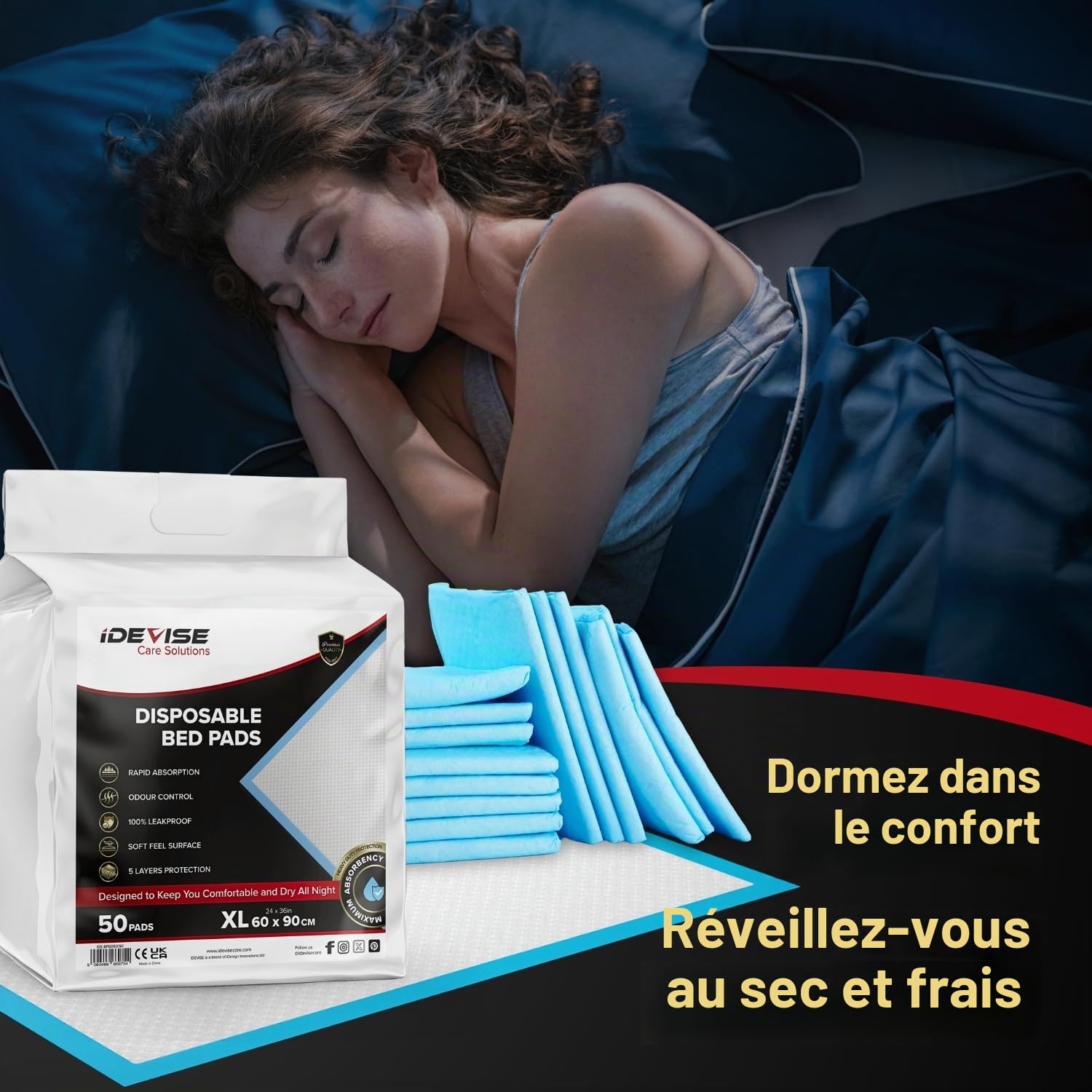 Lot de 50 alèses jetables pour incontinence | 60 x 90 cm – Haute capacité d'absorption – Alèses de lit pour enfants et adultes | Tapis de lit de maternité | Protège-matelas imperméable