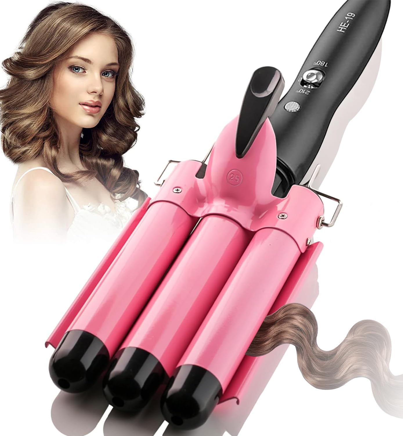 Hair Curler, 3 Barrels Hair Waver Curling Iron Big Wave Wand for Long Hair, Electric Crimpers Tongs with Two Speed Temp Control, 25MM, Pink