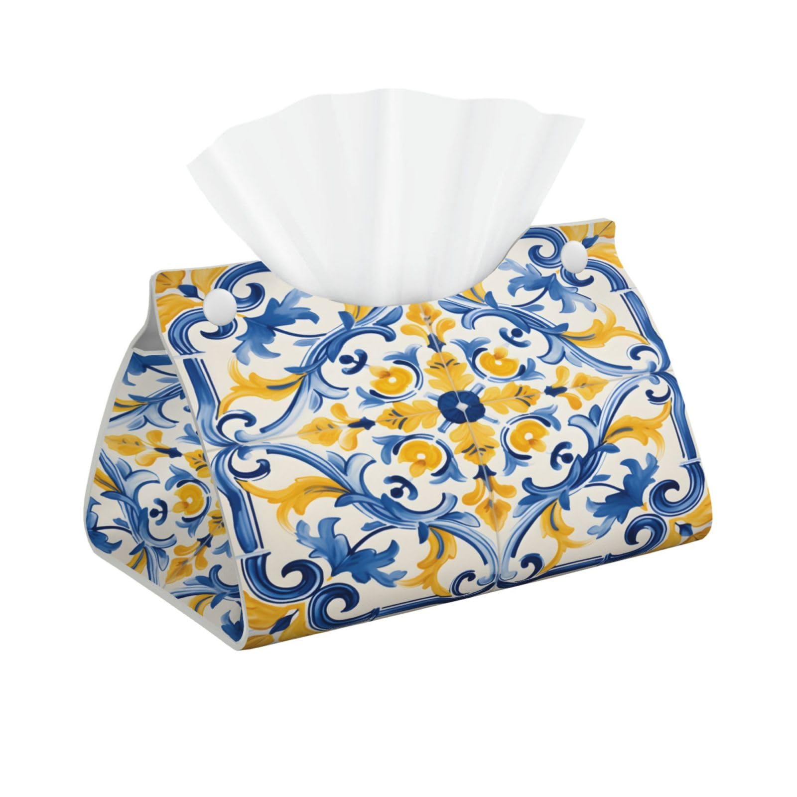 Tissue Box Cover Yellow Blue Ornament Tiles Rectangle PU Leather Tissue Box Holder for Car Bathroom Bedroom Desk Tabletop Decor