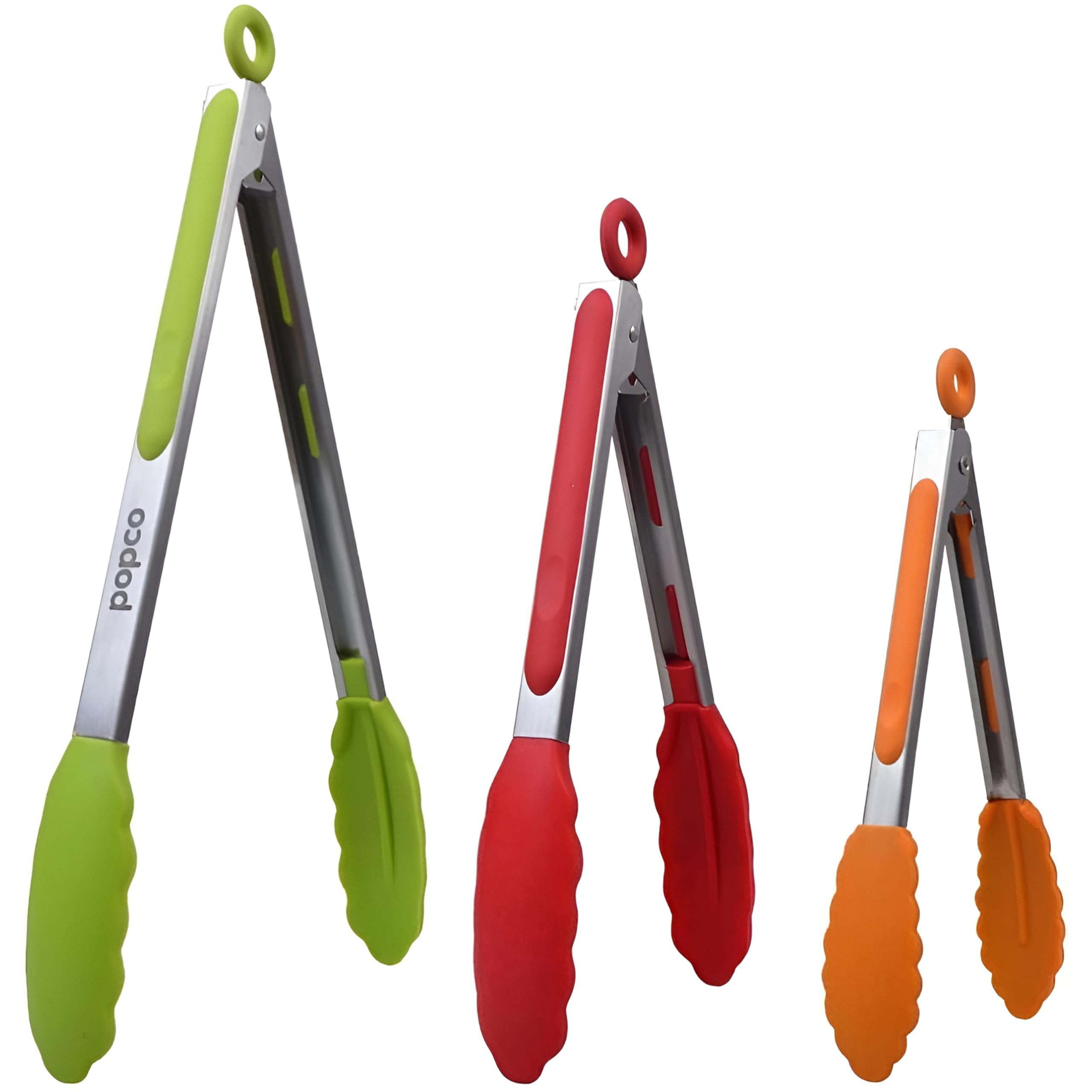 The Original POPCO Food Tongs, Set of 3 - 7,9,12 Inch, Heavy Duty, Stainless Steel Kitchen Tongs with Silicone Tips (multi color - Green, Red, Orange)