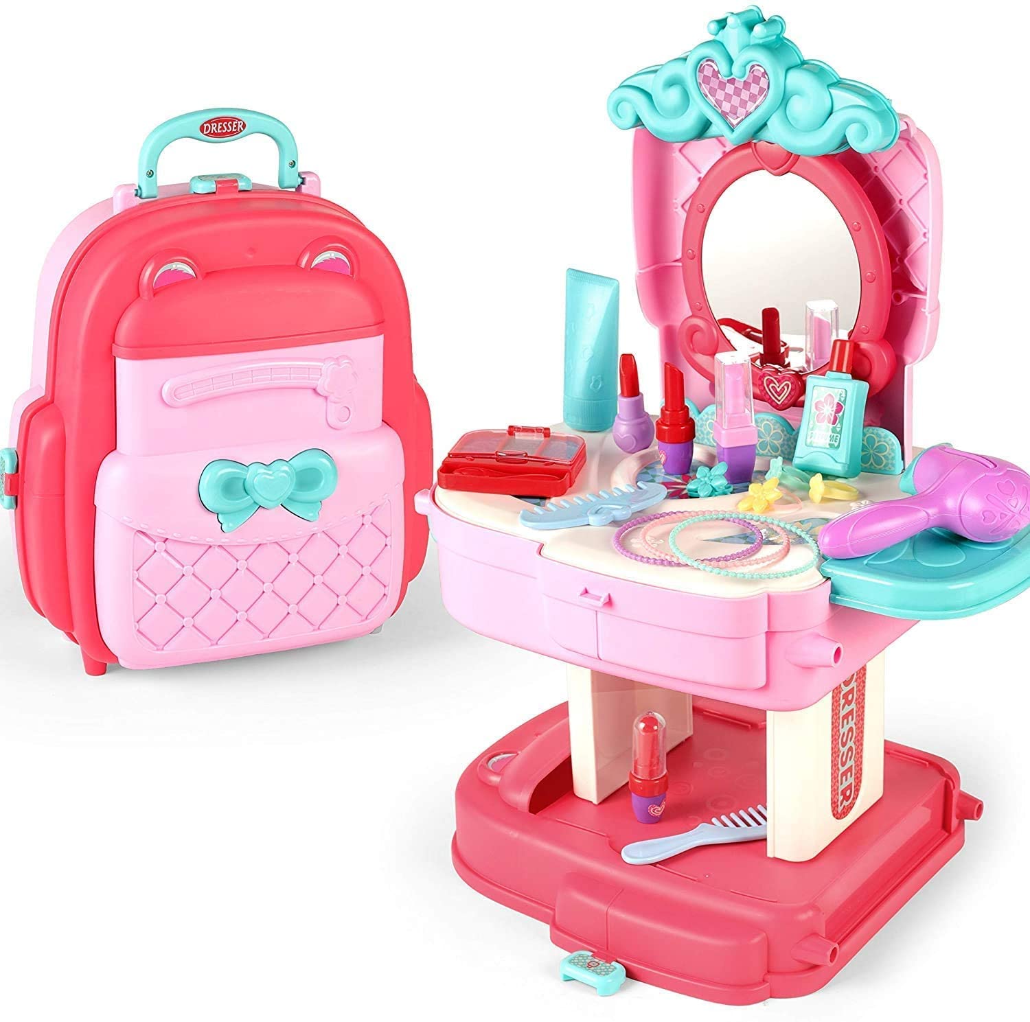 PETERSVILLE Kids 2 in 1 Beauty Makeup Pretend Play Set Fashion Foy Set Gift for Girls 3-8 Year Old Kids