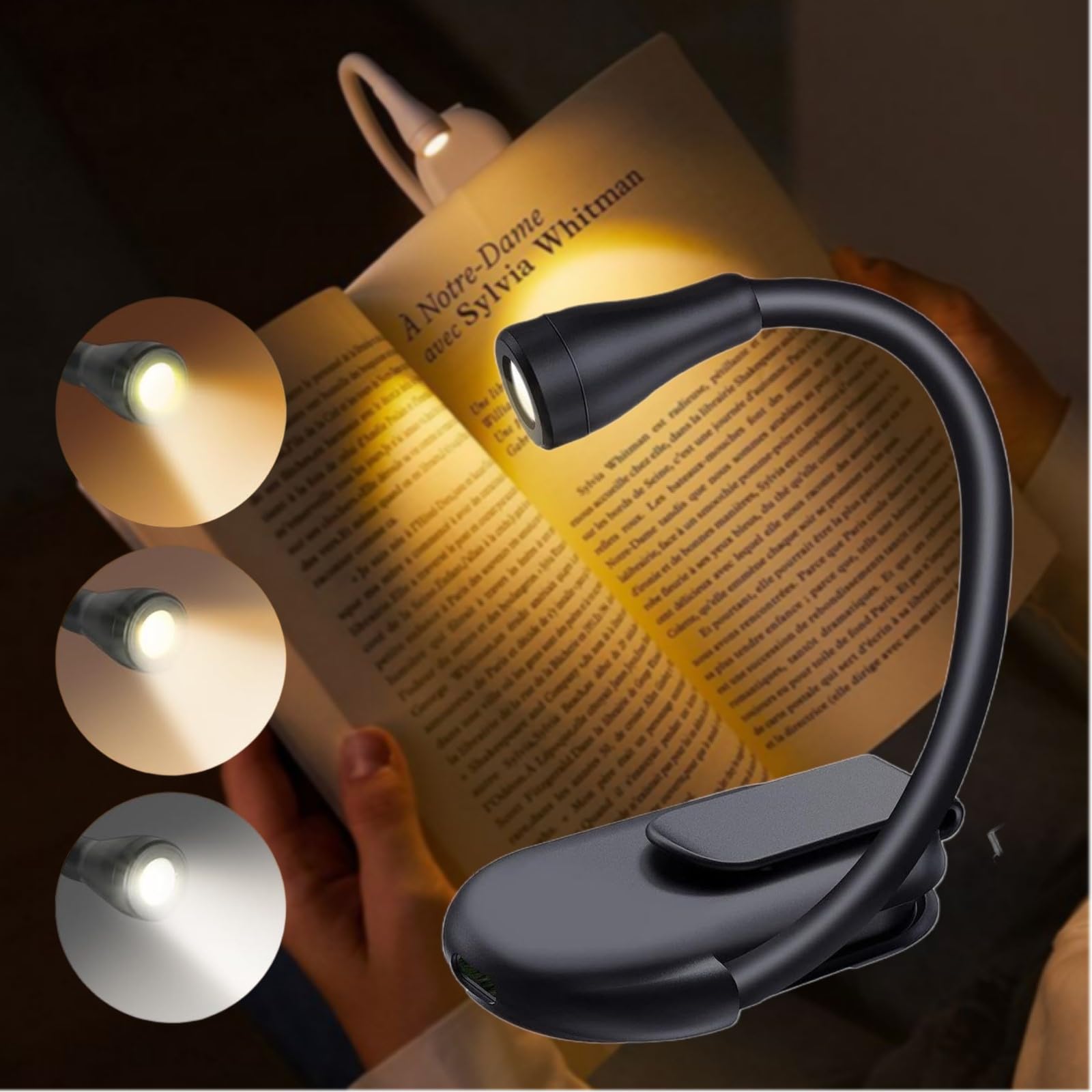 Oplaadbare Boeklamp Voor Lezen In Bed, Clip Op Leeslampje Met 3 Kleurtemperaturen Traploos
