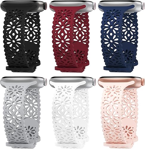 Eilesuny Paquete de 6 correas de silicona huecas de encaje compatibles con Apple Watch de 1.496 in 1.575 in 1.614 in 1.654 in 1.732 in 1.772 in