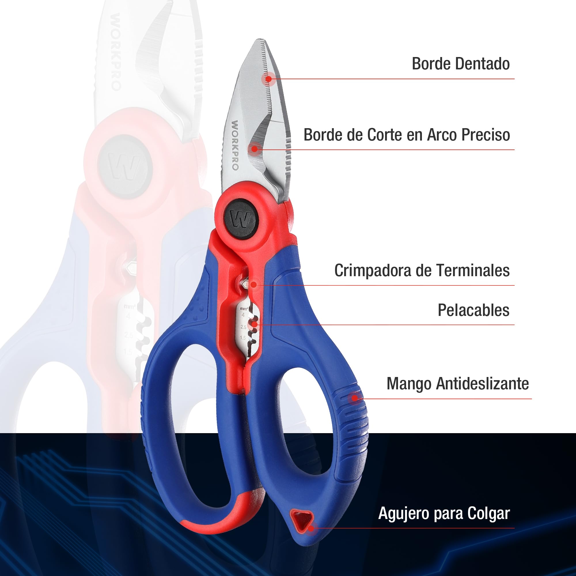 WORKPRO Tijeras Electricista Multifuncionales de Acero Inoxidable 163 mm, Tijeras con Pelacables y Funda de Clip, Herramienta para Cortar Cables y Alambres, Cortadora Profesional para Electricistas
