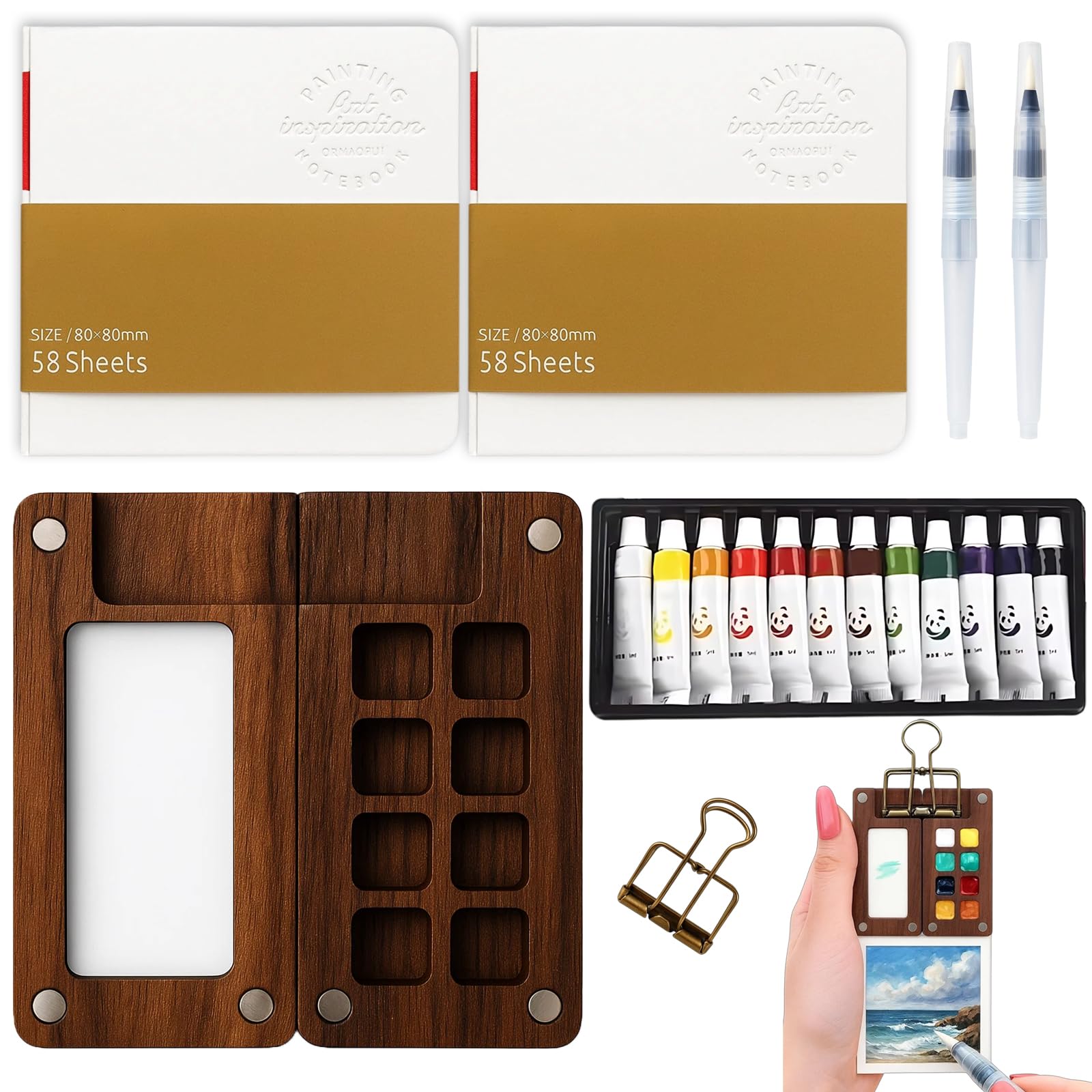 Mini Watercolour Paint Set Travel, Portable Pocket Artist Watercolour Travel Set with 8-Grid Palette, 12-Color Watercolor, 2 Pens, 2 Sketchbooks, Ideal for Outdoor Sketching, Art Classes, Gift Giving