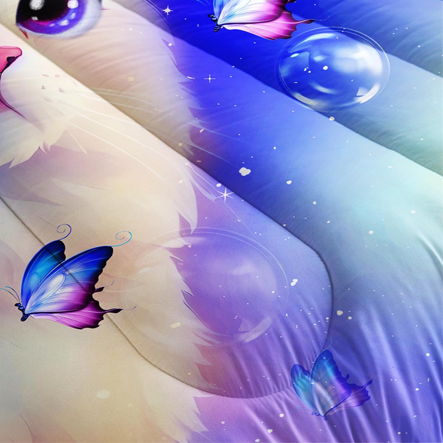 AILONEN Kids Cat Comforter Set - Twin Size, Cute White Cat Bedding Set for Girls and Boys, Purple Tint Duvet Set, 3 Pieces - 1 Quilt and 2 Pillowcases