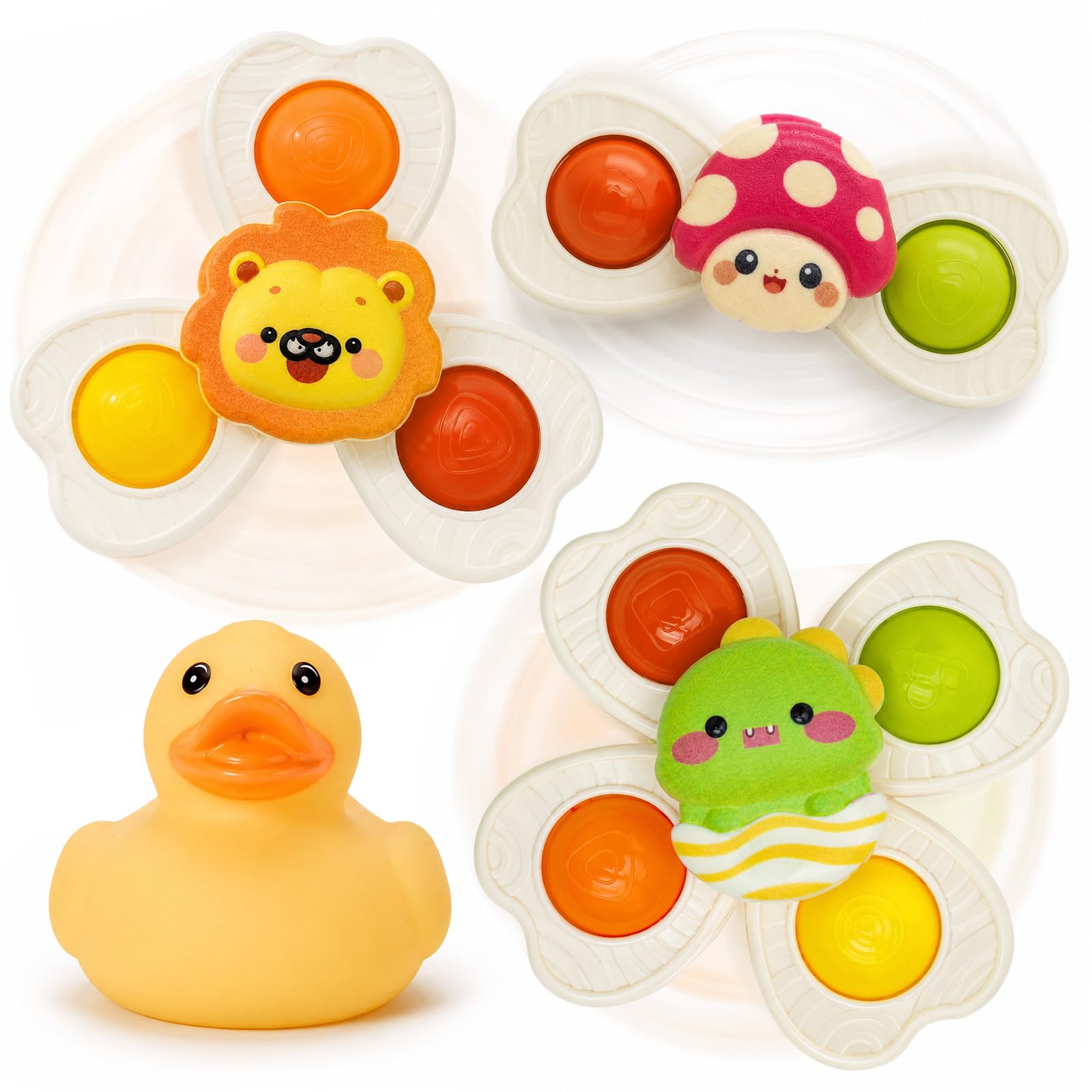 4PCS Juguetes Bebe,Juguete Giratorio con Ventosa y Juguetes para Chorrear(Mariquita Dinosaurio Tigre),Juguetes Sensoriales para Bebés