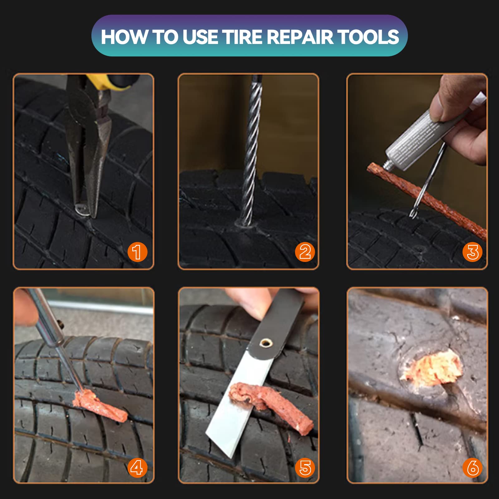Kit de reparación portátil de neumáticos de coche, 45 piezas, herramienta de reparación de pinchazos de neumáticos para coches, motocicletas, ATV, cortacésped, tractores, camiones