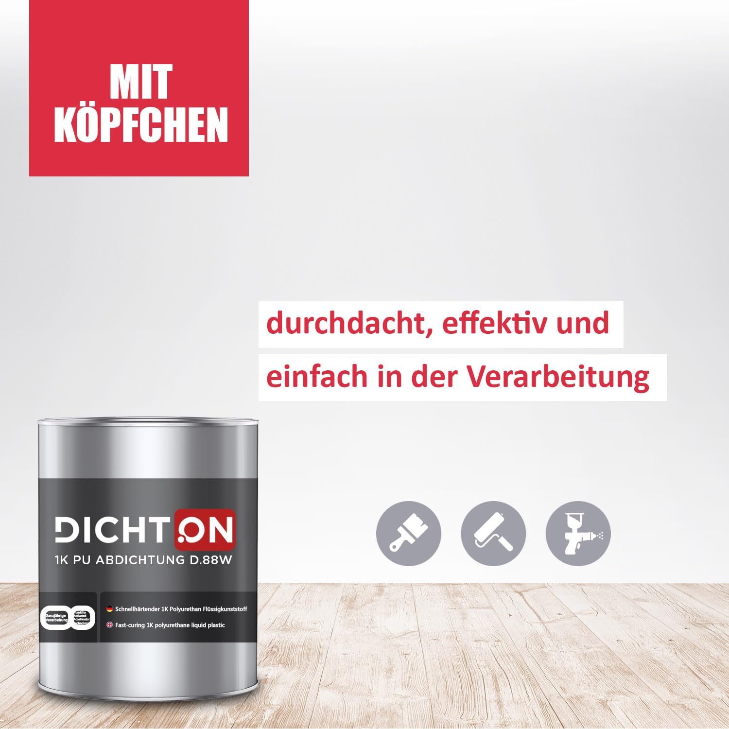 1K PU Abdichtung grau 2x1kg - Polyurethan Flüssigkunststoff Abdichtungsmasse für Dach, Balkon, Terrasse - neueste Generation, schnellhärtend, blasenfrei, ganzjährige Verarbeitung - DICHTON D.88W