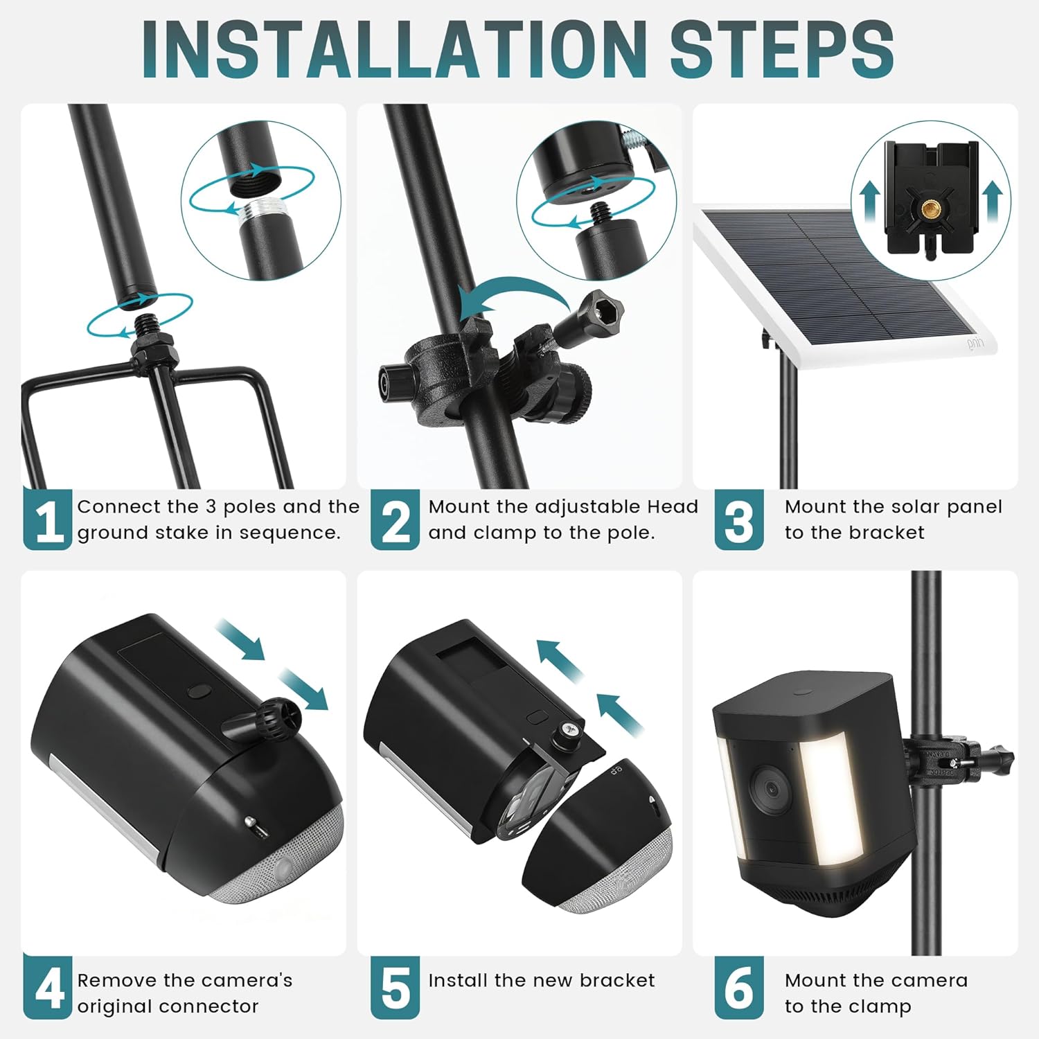 Camera Mount, 2-in-1 Pole Ground Stake Mount Stand with Solar Panel Mount for Ring, Blink, Eufy, Wyze, Google Nest & Arlo, 360° Adjustment Holder, Outdoor Camera Mount Ground Stake Bracket