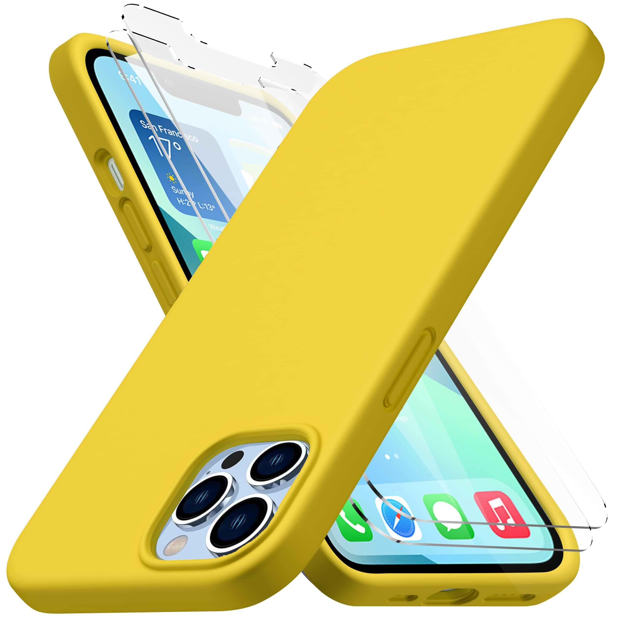 CellEver Heavy-Duty Silicone Case for iPhone 13 Pro Max - Two Shatterproof Glass Screen Protectors, Military Drop Protection, Scratch-Free Interior, Yellow