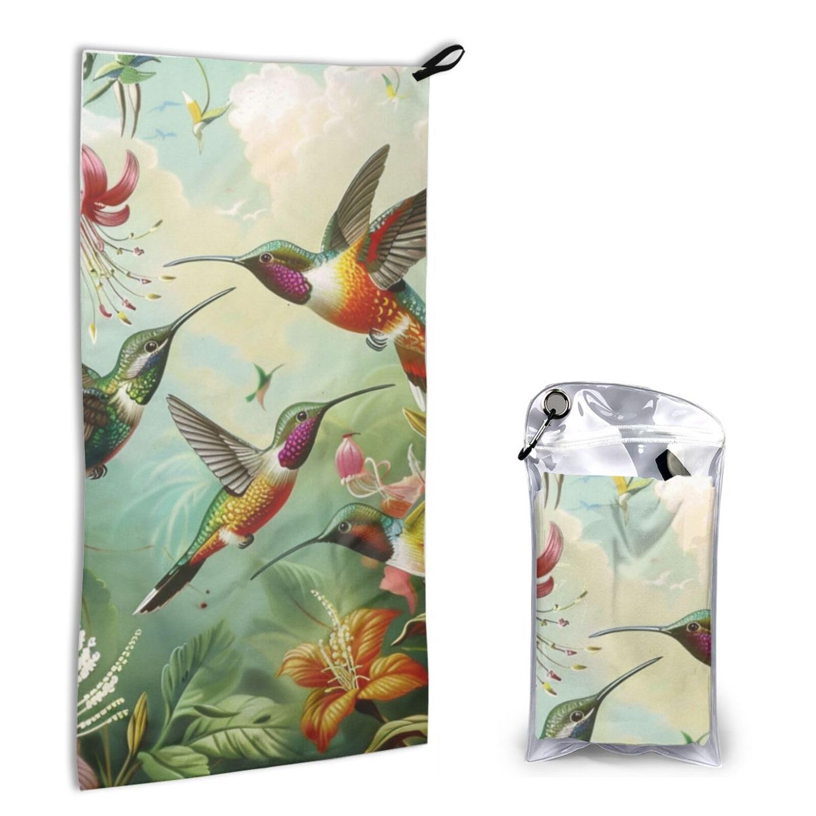 BWWHCCTI Quick Dry Hand Towel With Bag - Beautiful Hummingbirds Printed Super Absorbent Face Cloth Microfiber Travel Sports Towels 40x80cm