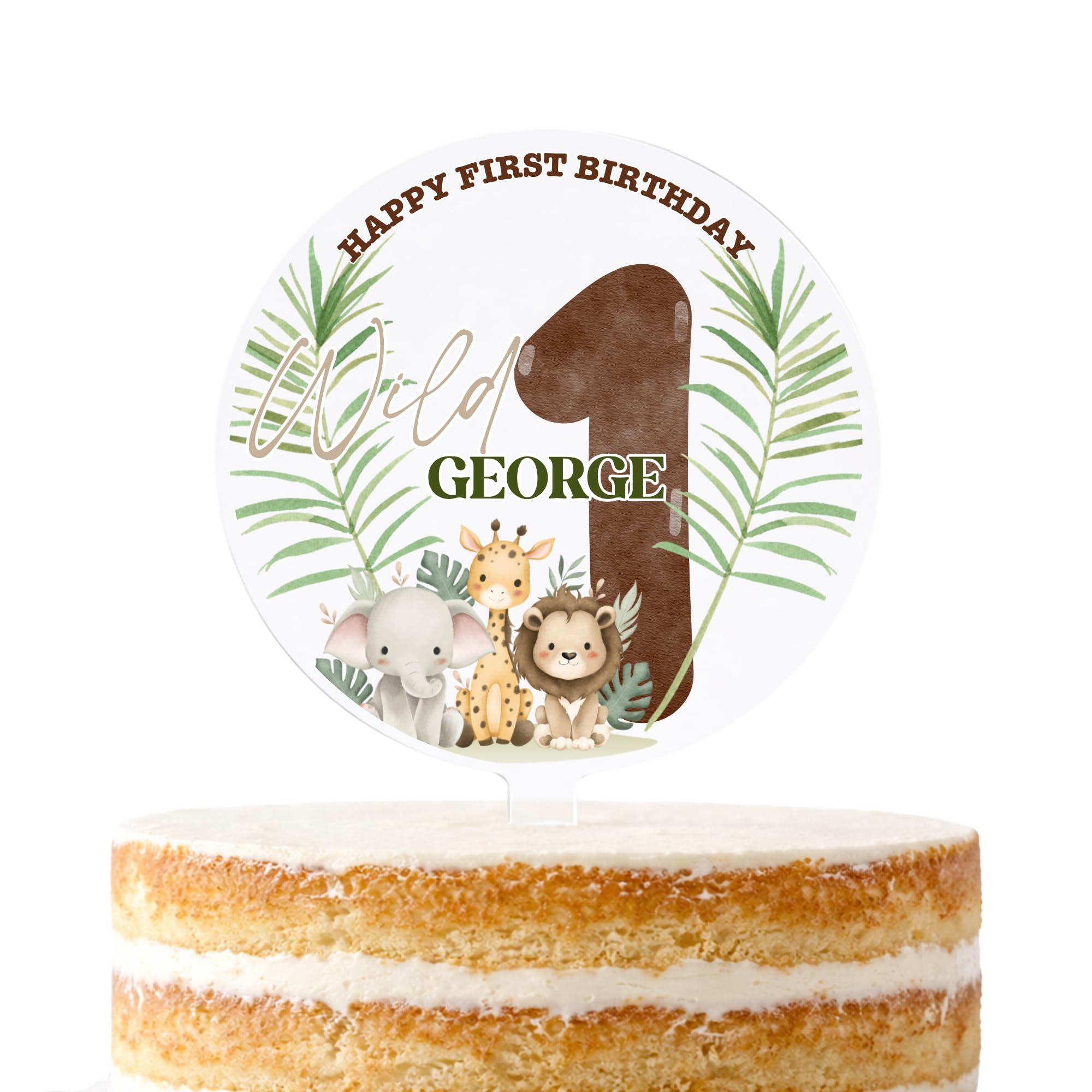 Personalised 1st Birthday Cake Topper – Safari Animals Theme – Custom Name & Age – Jungle First Birthday Decoration – Baby Birthday Keepsake