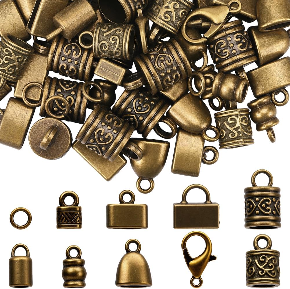 SUNNYCLUE 1 Box 230pcs Cord End Caps Kit Kumihimo Ends Alloy Metal Tibetan Style Antique Bronze Tassel Glue in Crimp Leather End Caps for Jewelry Making Kit Bracelet Kumihimo Supplies Gifts Craftings