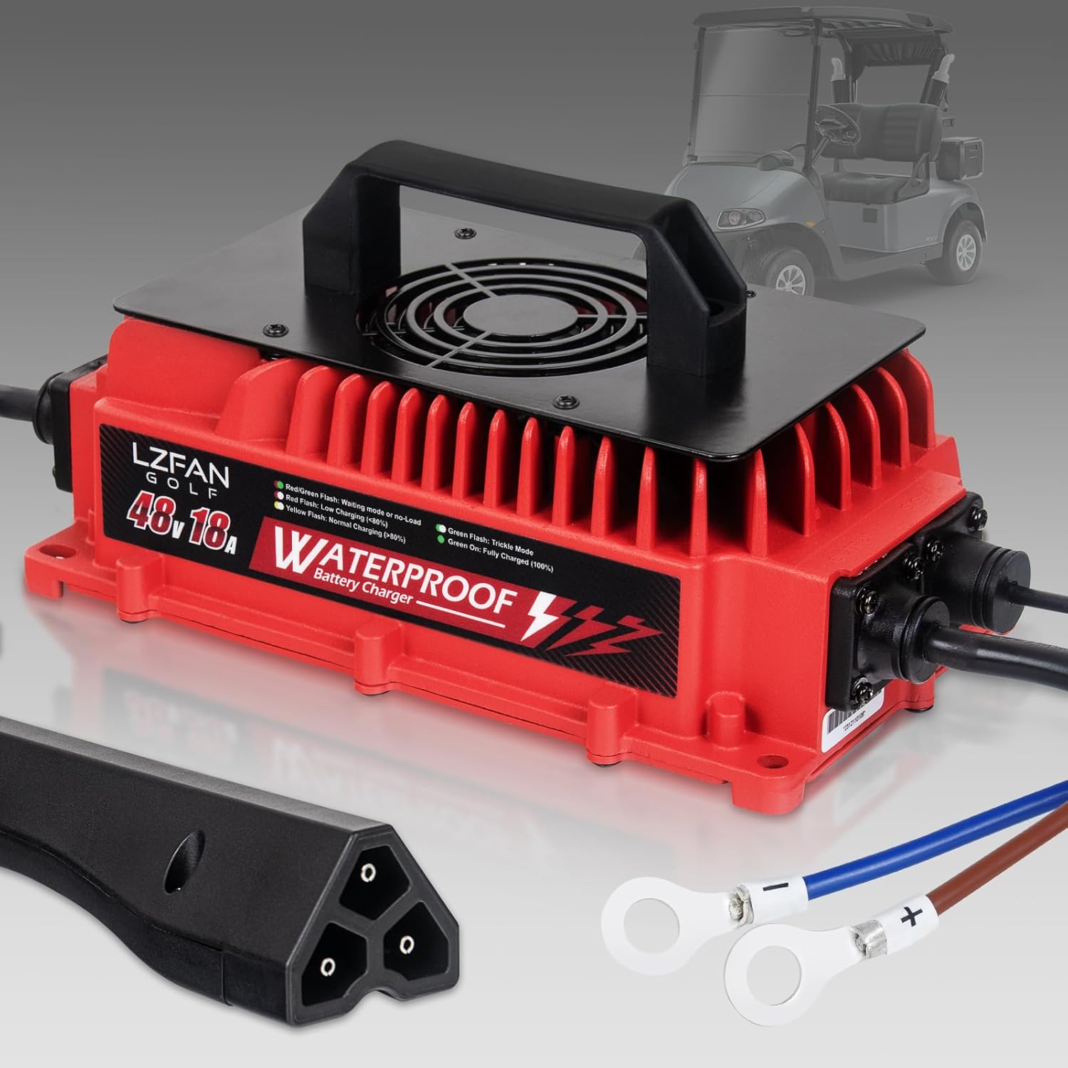 18 AMP Golf Cart Battery Charger for 48 Volt Club Car with Triangle 3-Pin Style Plug and Rapid Charge Cable, Portable Waterproof Golf Cart Charger Compatible with EZGO RXV & TXT