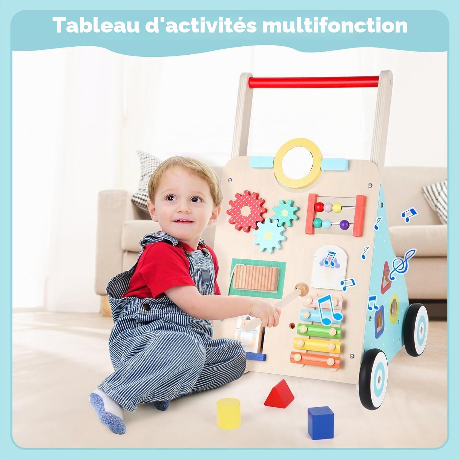 Chariot de Marche en Bois Bébé, Trotteur Bébé pour Enfant Activité, Cadeau de Jouet d'Activité et de Développement pour les Garçons Filles 1-3 ans(Multicolore)