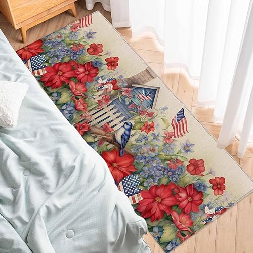 Miniatura 71 de Alfombras y tapetes de cocina Hello Fall, 2 unidades, color azul, naranja, calabaza, hoja de arce, pájaros, alfombras antideslizantes con pasillo